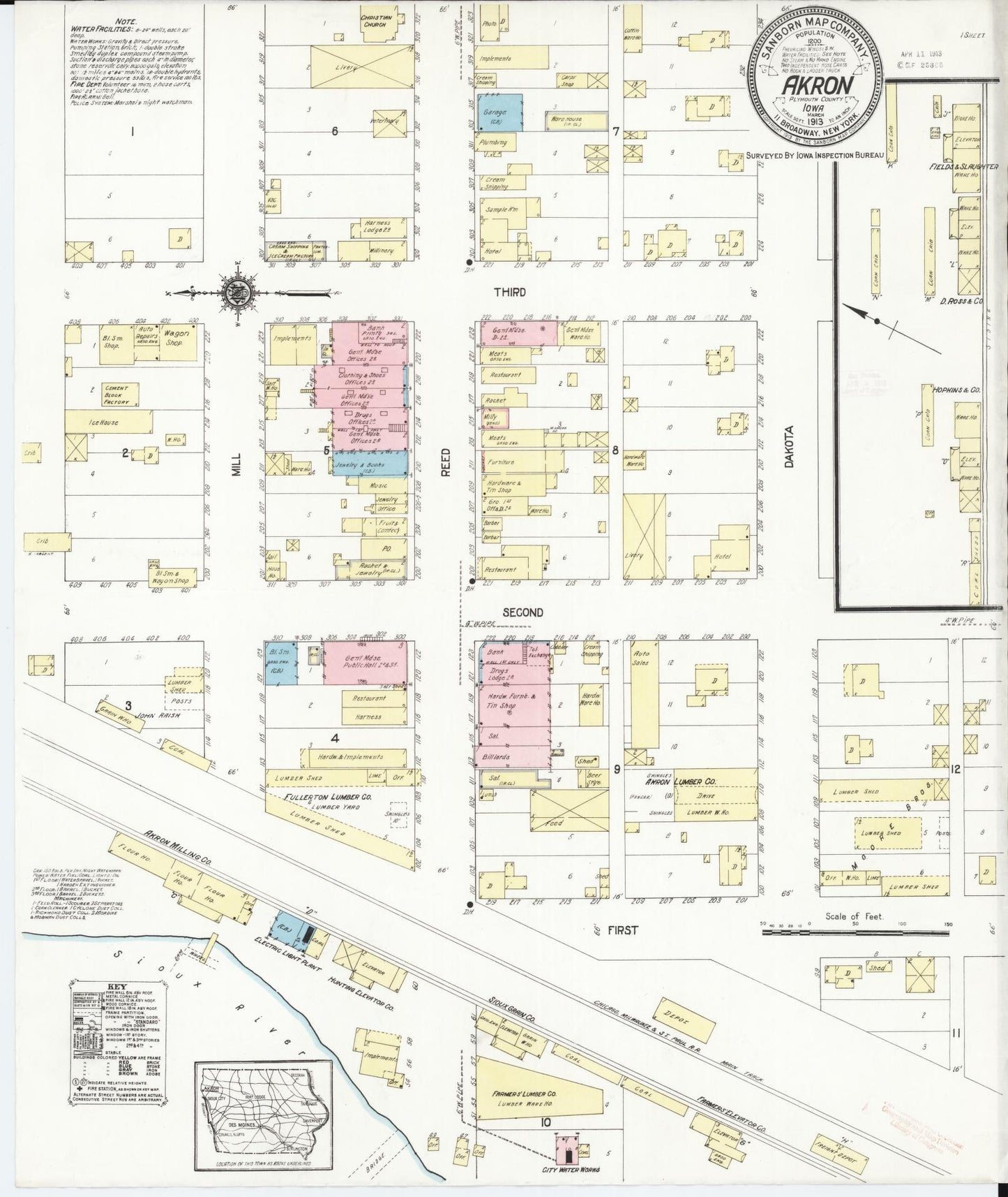 Sanborn Fire Insurance Map from Akron, Plymouth County, Iowa (1913), Sheet #0001 - Historic Sanborn Fire Insurance Map Print, vintage old map wall art