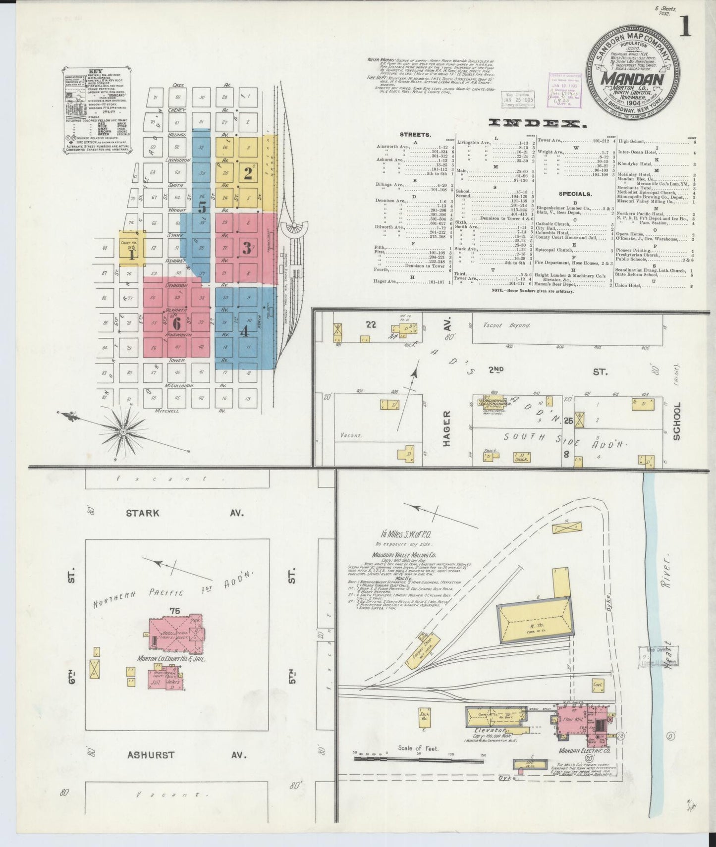 Sanborn Fire Insurance Map from Mandan, Morton County, North Dakota (1904), Sheet #0001 - Historic Sanborn Fire Insurance Map Print, vintage old map wall art, antique decor, genealogy gift, North Dakota North Dakota map