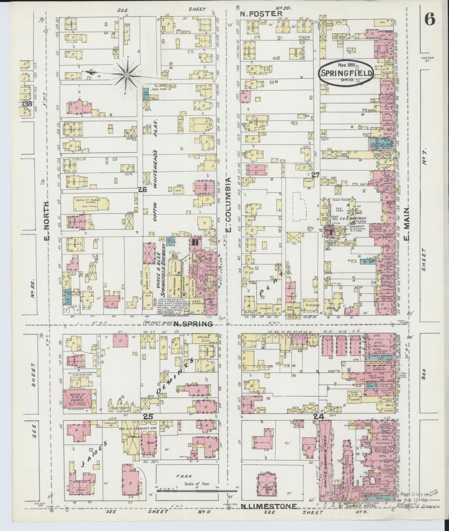 Sanborn Fire Insurance Map from Springfield, Clark County, Ohio (1891), Sheet #0006 - Historic Sanborn Fire Insurance Map Print, vintage old map wall art, antique decor, genealogy gift, Ohio Ohio map