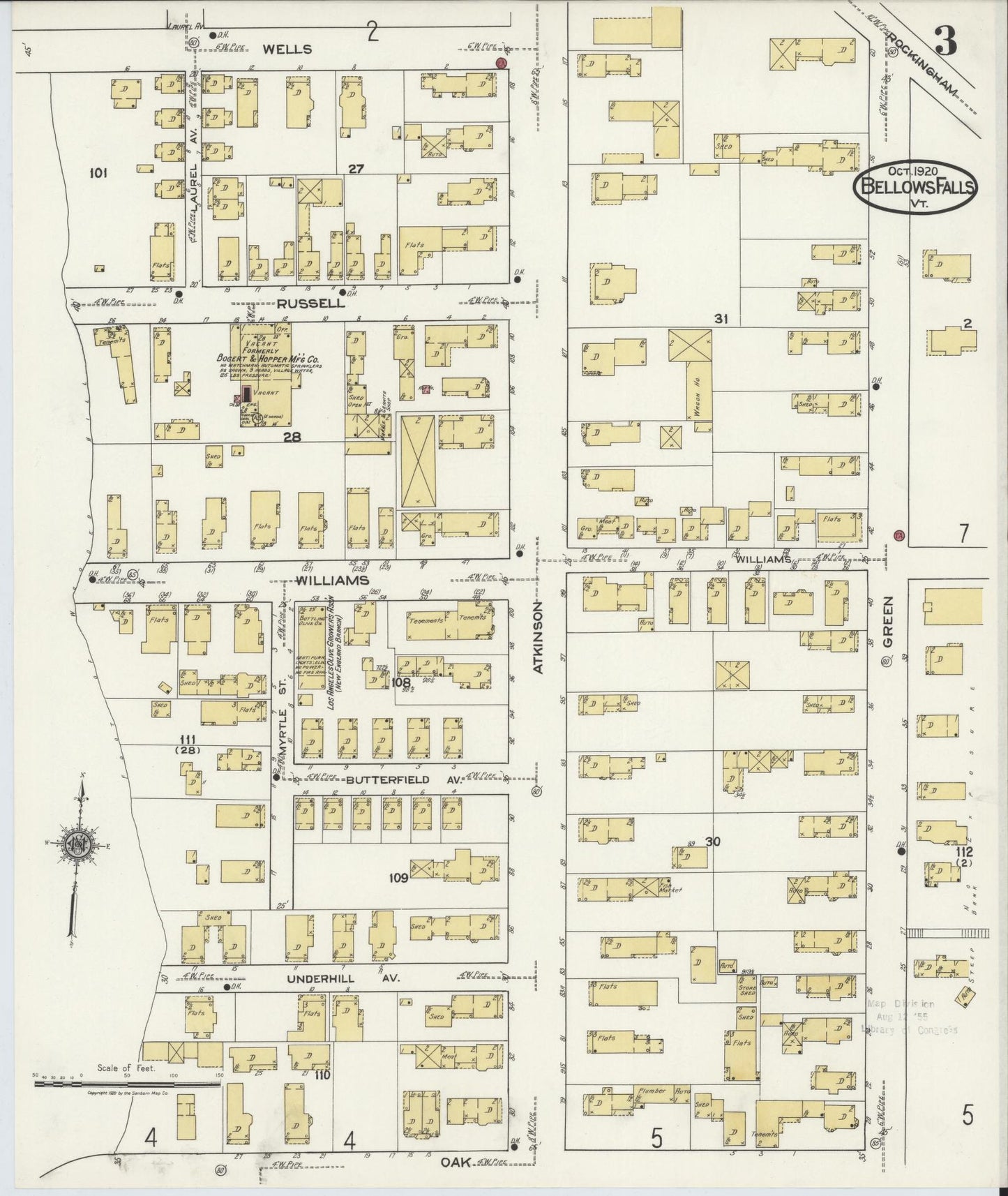 Sanborn Fire Insurance Map from Bellows Falls, Windham County, Vermont (1920), Sheet #0003 - Historic Sanborn Fire Insurance Map Print, vintage old map wall art, antique decor, genealogy gift, Vermont Vermont map
