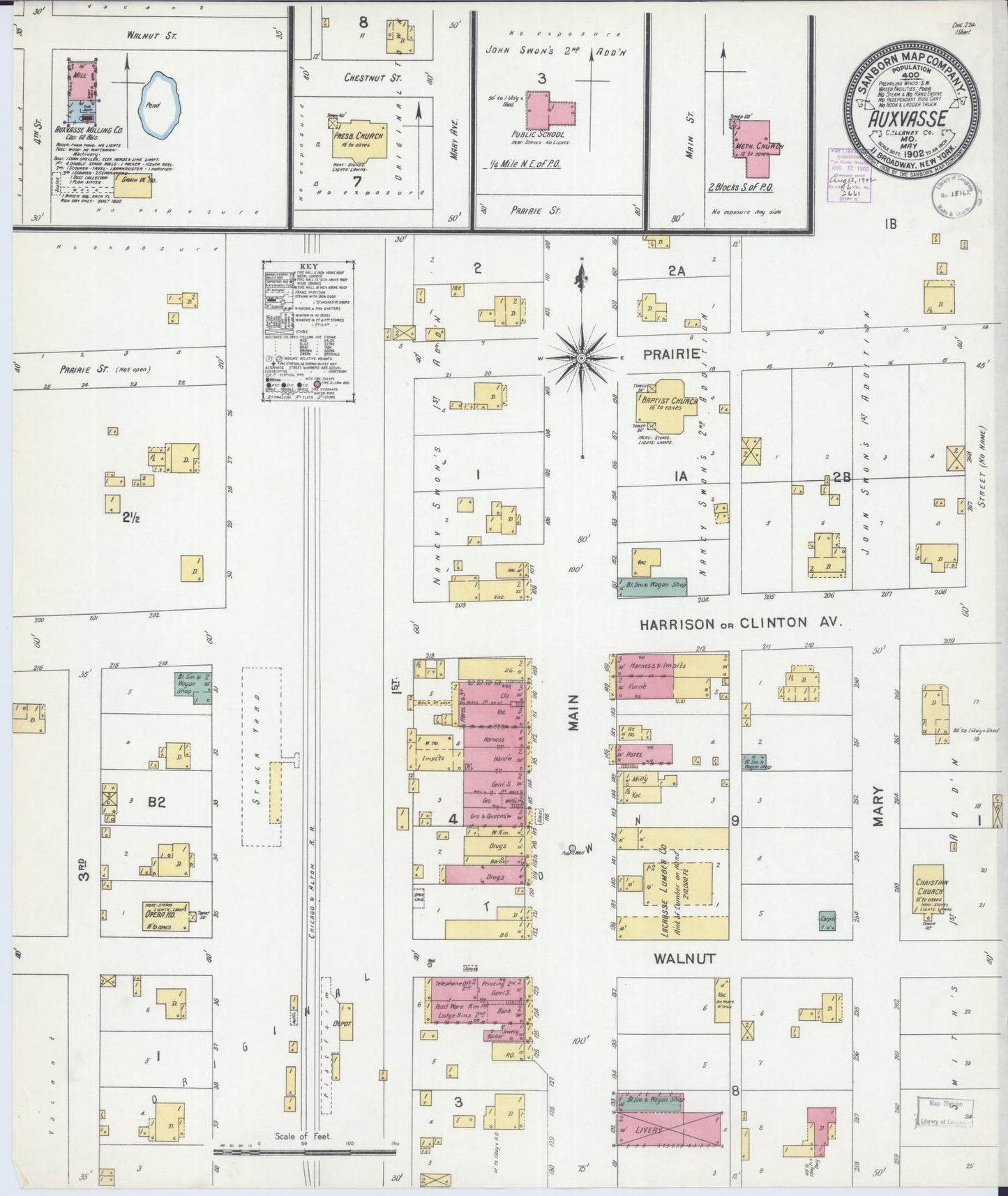 Sanborn Fire Insurance Map from Auxvasse, Callaway County, Missouri (1902), Sheet #0001 - Historic Sanborn Fire Insurance Map Print, vintage old map wall art, antique decor, genealogy gift, Missouri Missouri map