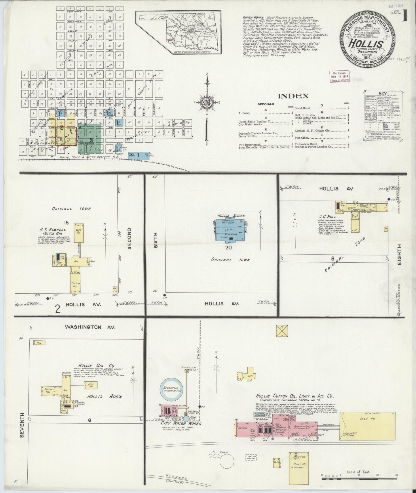 Sanborn Fire Insurance Map from Hollis, Harmon County, Oklahoma (1914), Sheet #0001 - Historic Sanborn Fire Insurance Map Print, vintage old map wall art, antique decor, genealogy gift, Oklahoma Oklahoma map