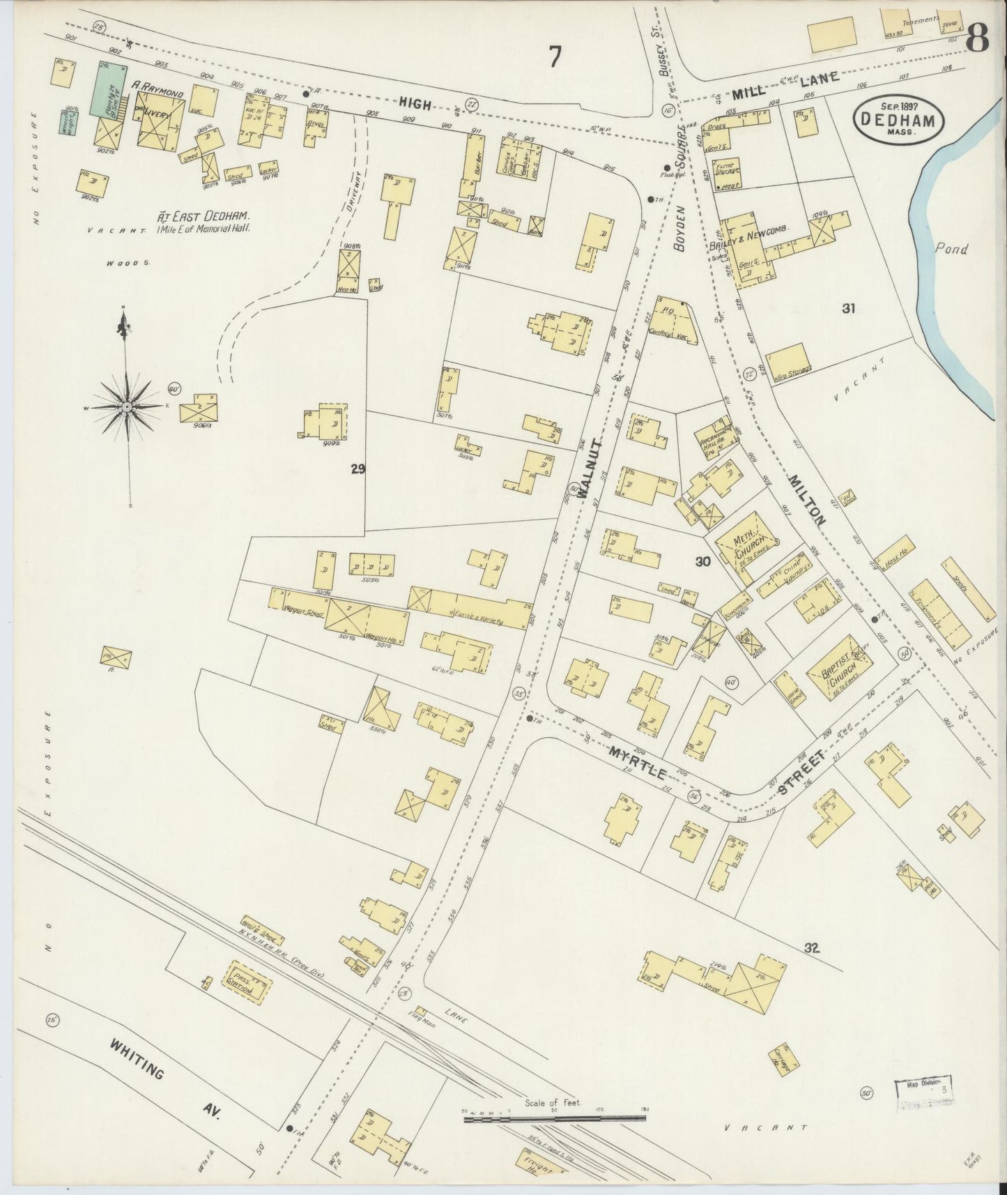 Sanborn Fire Insurance Map from Dedham, Norfolk County, Massachusetts (1897), Sheet #0008 - Historic Sanborn Fire Insurance Map Print, vintage old map wall art, antique decor, genealogy gift, Massachusetts Massachusetts map