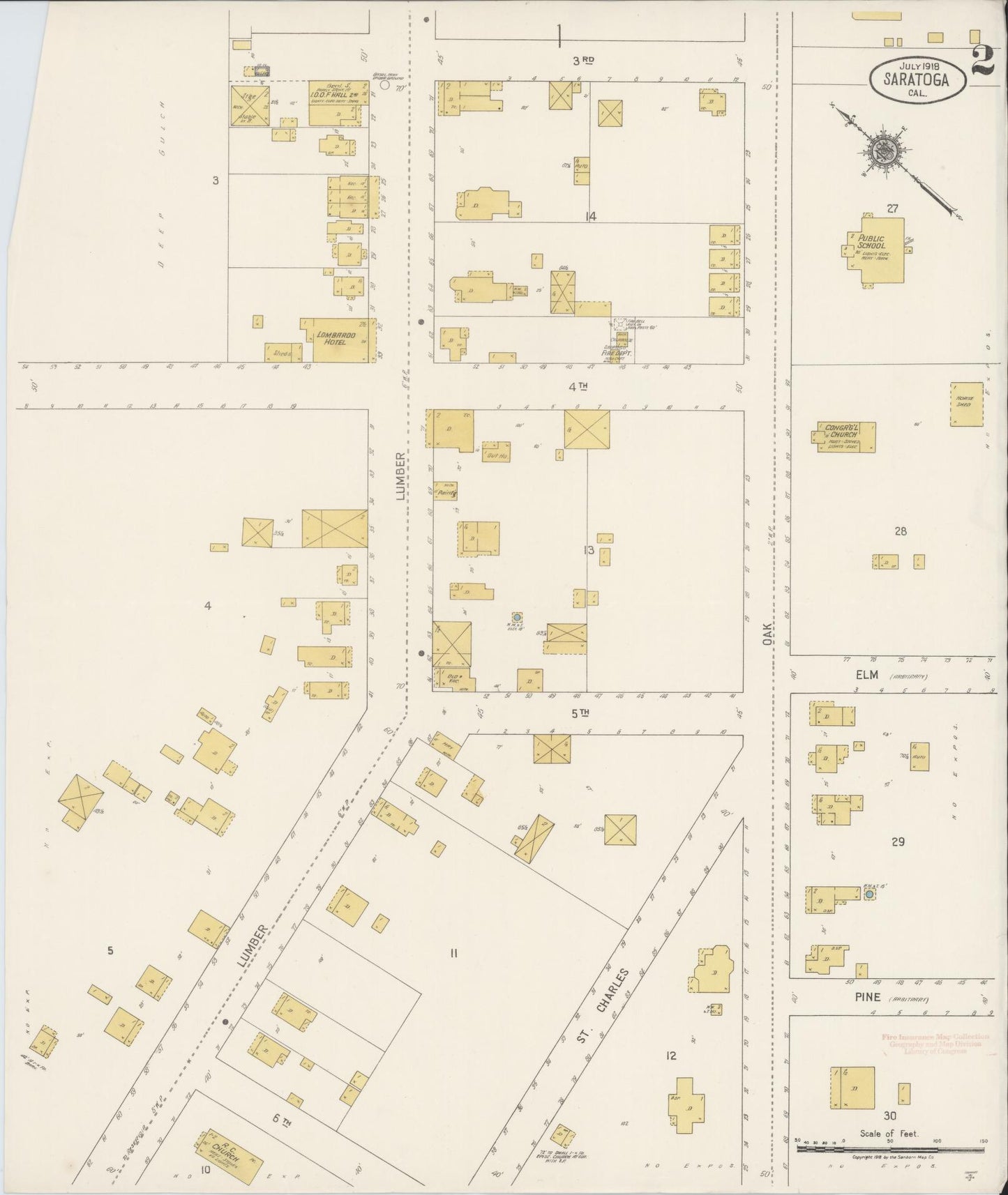 Sanborn Fire Insurance Map from Saratoga, Santa Clara County, California (1918), Sheet #0002 - Complete Map Set gallery image, historic Sanborn map, vintage wall art, California California