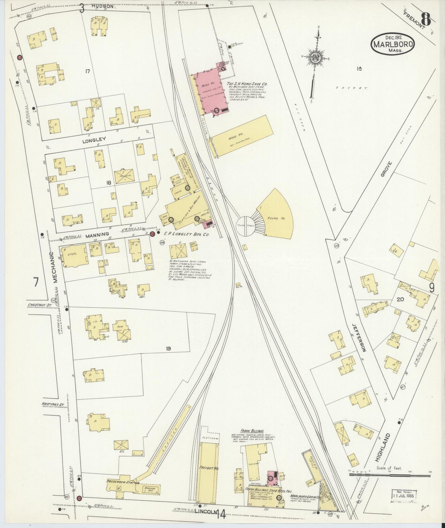 Sanborn Fire Insurance Map from Marlborough, Middlesex County, Massachusetts (1912), Sheet #0008 - Historic Sanborn Fire Insurance Map Print, vintage old map wall art, antique decor, genealogy gift, Massachusetts Massachusetts map