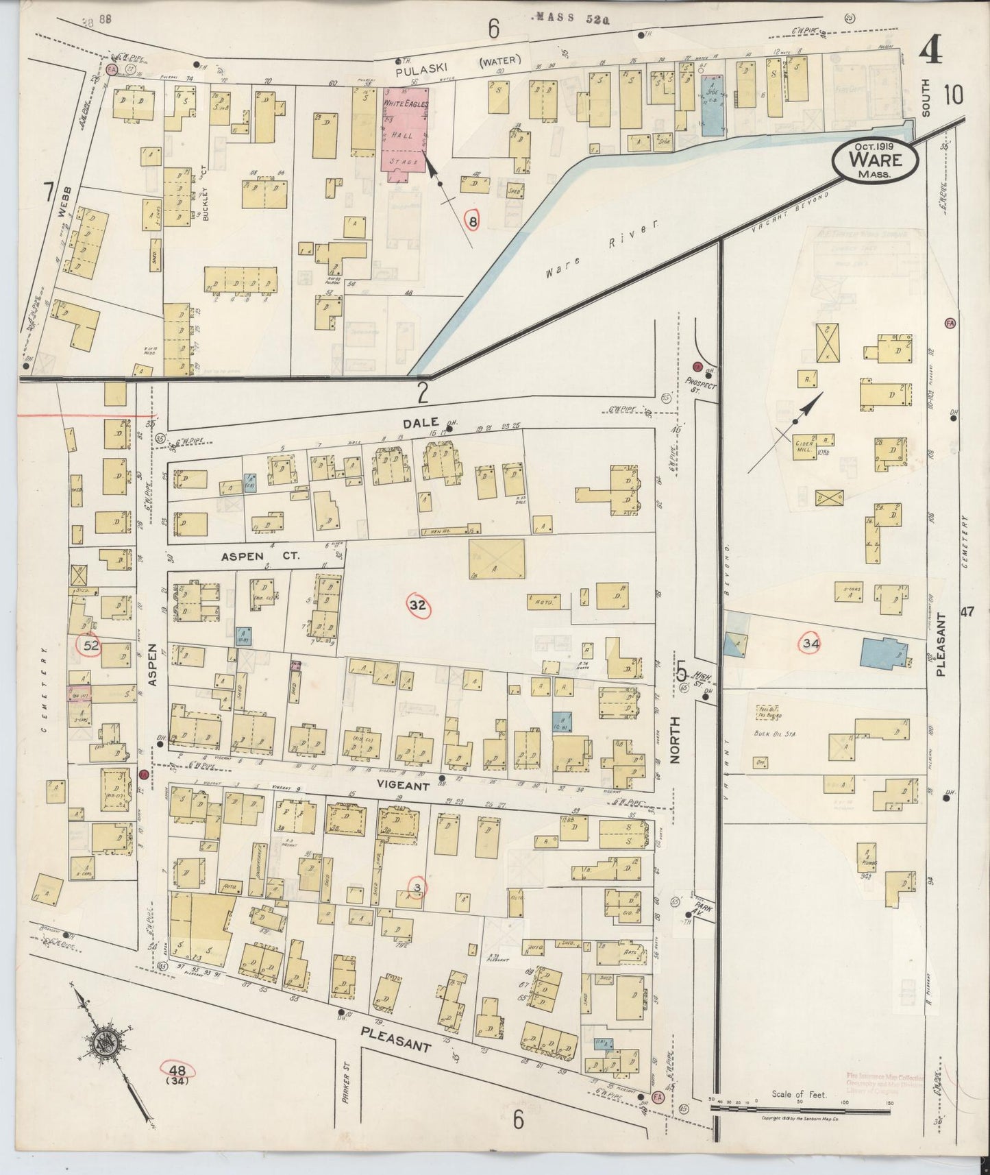 Sanborn Fire Insurance Map from Ware, Hampshire County, Massachusetts (1946), Sheet #0004 - Historic Sanborn Fire Insurance Map Print, vintage old map wall art, antique decor, genealogy gift, Massachusetts Massachusetts map
