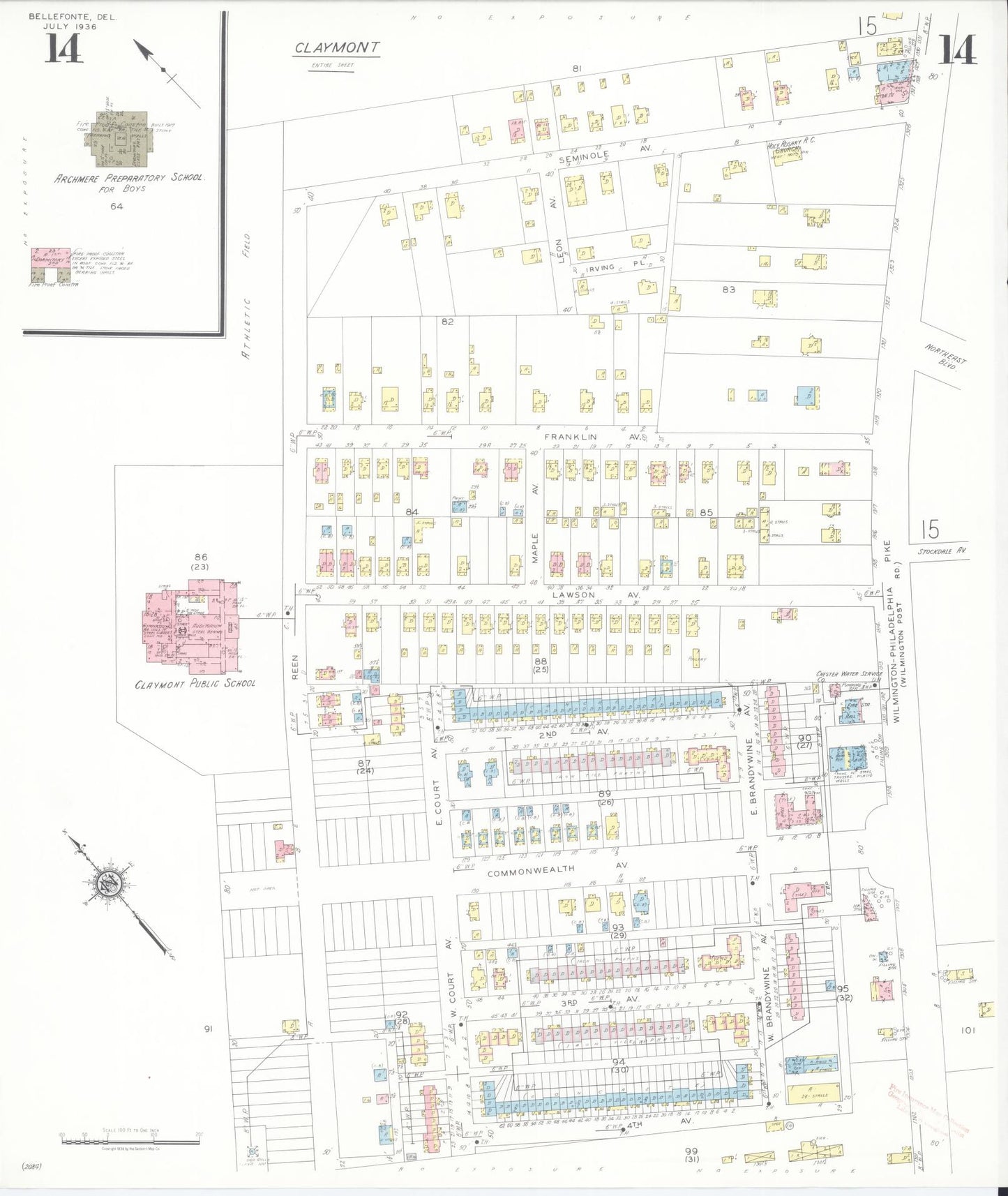 Sanborn Fire Insurance Map from Bellefonte, New Castle County, Delaware (1936), Sheet #0014 - Historic Sanborn Fire Insurance Map Print, vintage old map wall art, antique decor, genealogy gift, Delaware Delaware map