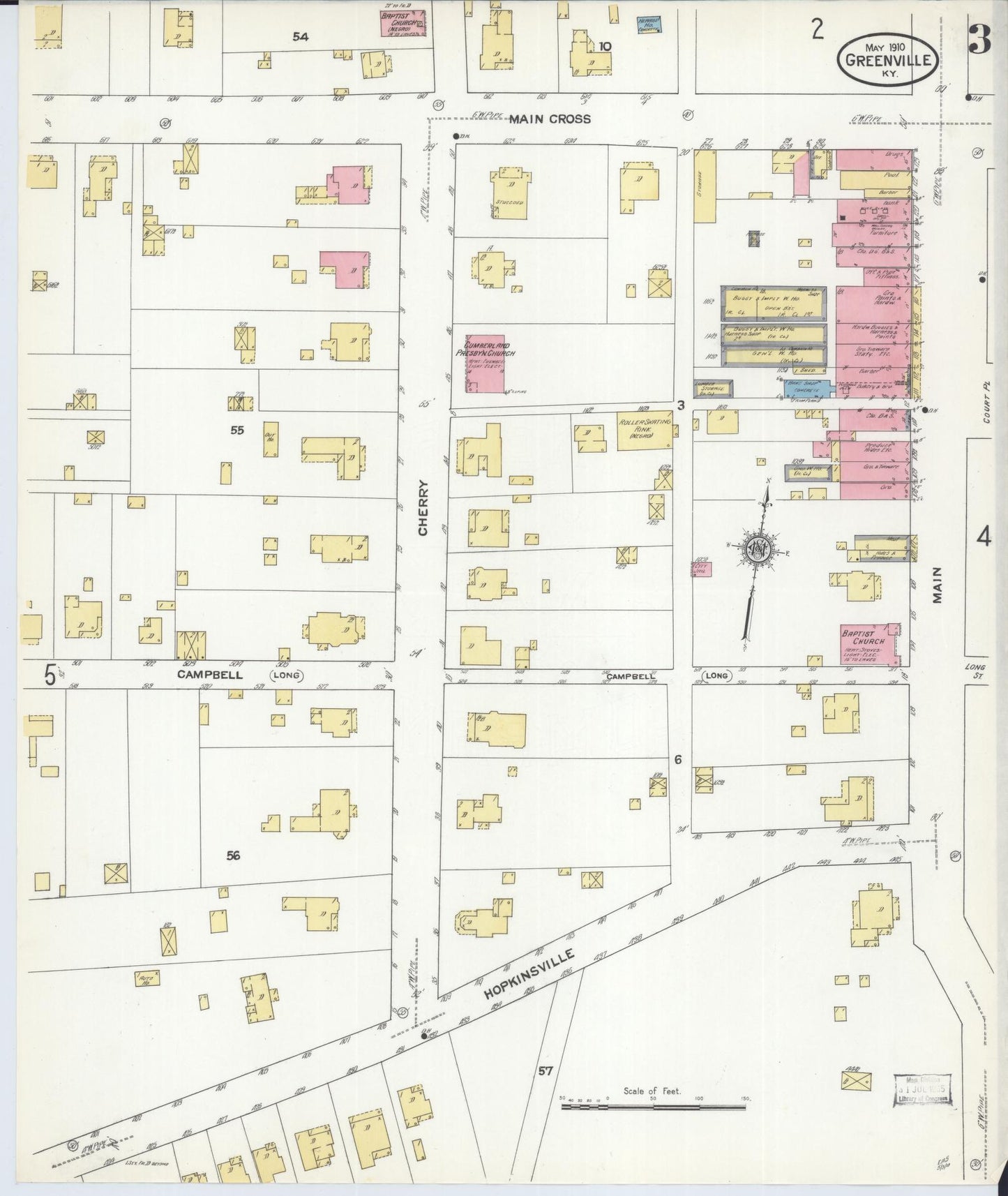 Sanborn Fire Insurance Map from Greenville, Muhlenberg County, Kentucky (1910), Sheet #0003 - Historic Sanborn Fire Insurance Map Print, vintage old map wall art, antique decor, genealogy gift, Kentucky Kentucky map