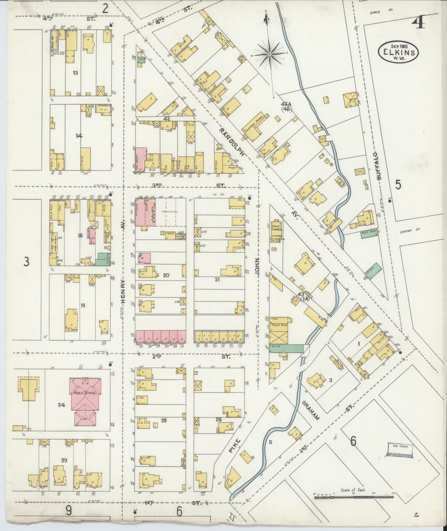 Sanborn Fire Insurance Map from Elkins, Randolph County, West Virginia (1905), Sheet #0004 - Historic Sanborn Fire Insurance Map Print, vintage old map wall art, antique decor, genealogy gift, West Virginia West Virginia map