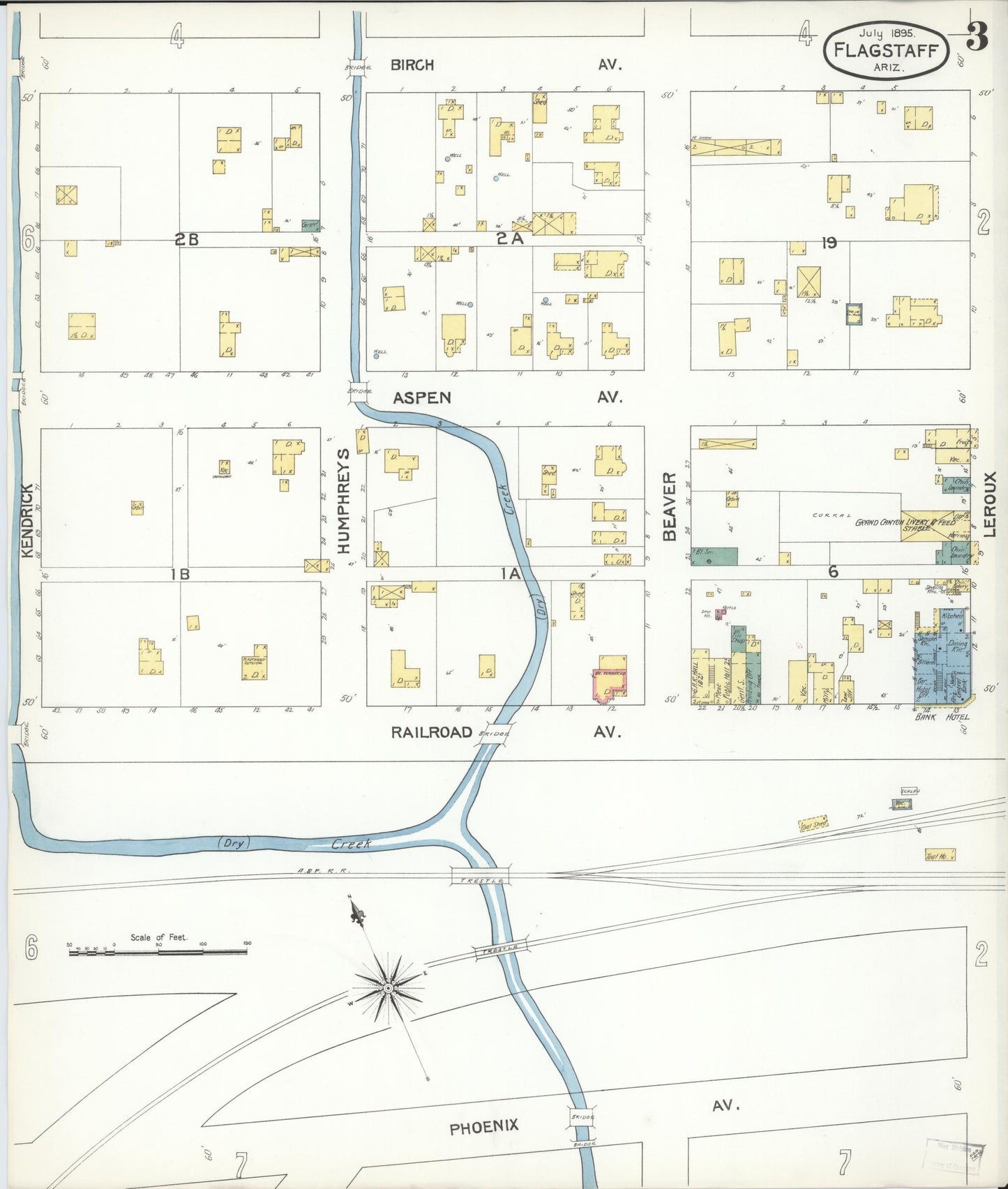 Sanborn Fire Insurance Map from Flagstaff, Coconino County, Arizona (1895), Sheet #0003 - Historic Sanborn Fire Insurance Map Print, vintage old map wall art, antique decor, genealogy gift, Arizona Arizona map