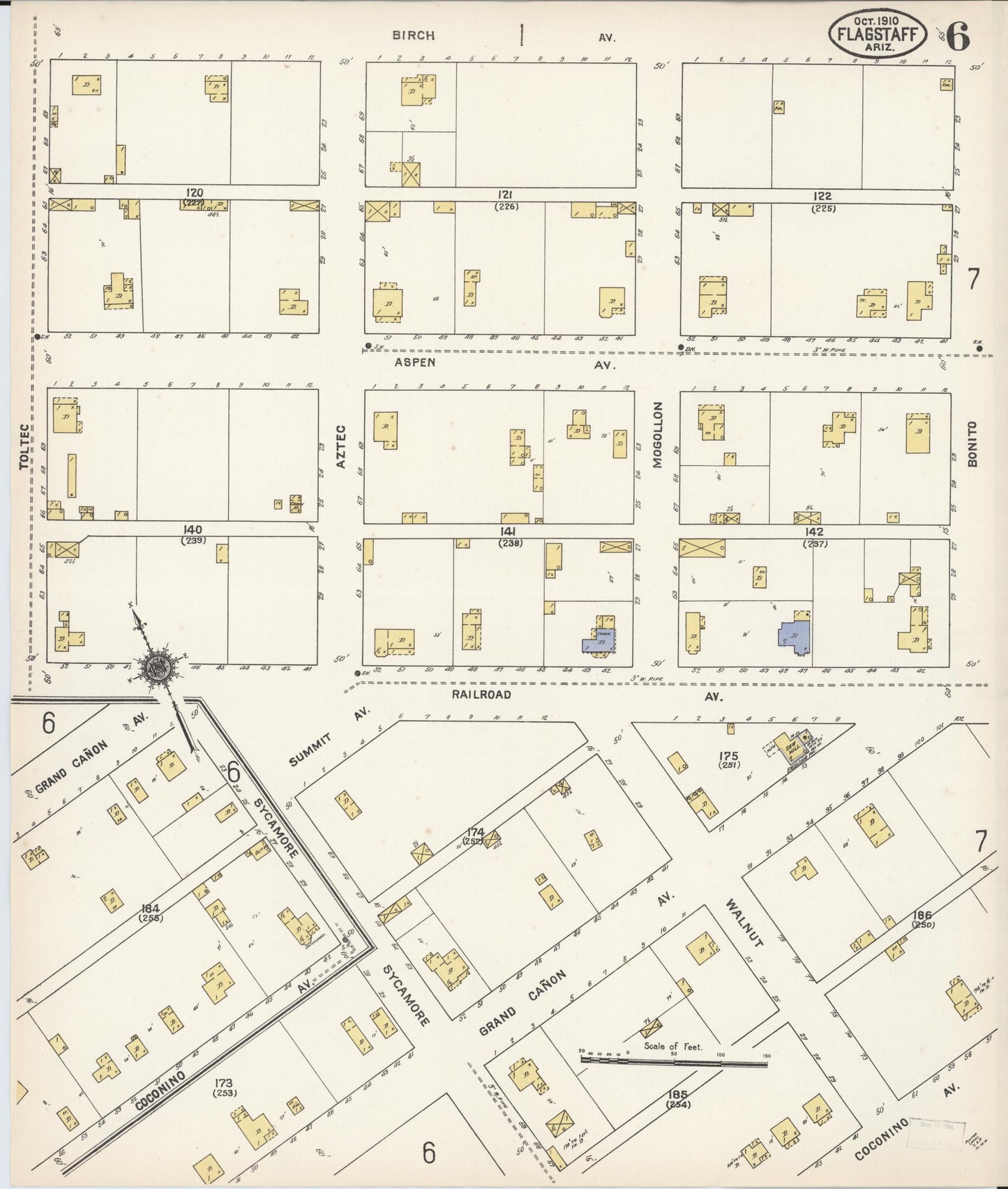 Sanborn Fire Insurance Map from Flagstaff, Coconino County, Arizona (1910), Sheet #0006 - Historic Sanborn Fire Insurance Map Print, vintage old map wall art, antique decor, genealogy gift, Arizona Arizona map