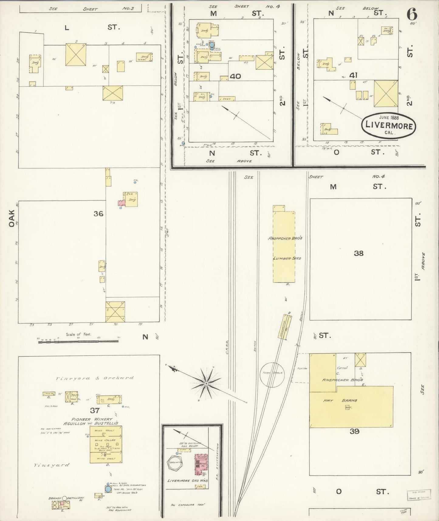 Sanborn Fire Insurance Map from Livermore, Alameda County, California (1888), Sheet #0006 - Historic Sanborn Fire Insurance Map Print, vintage old map wall art, antique decor, genealogy gift, California California map