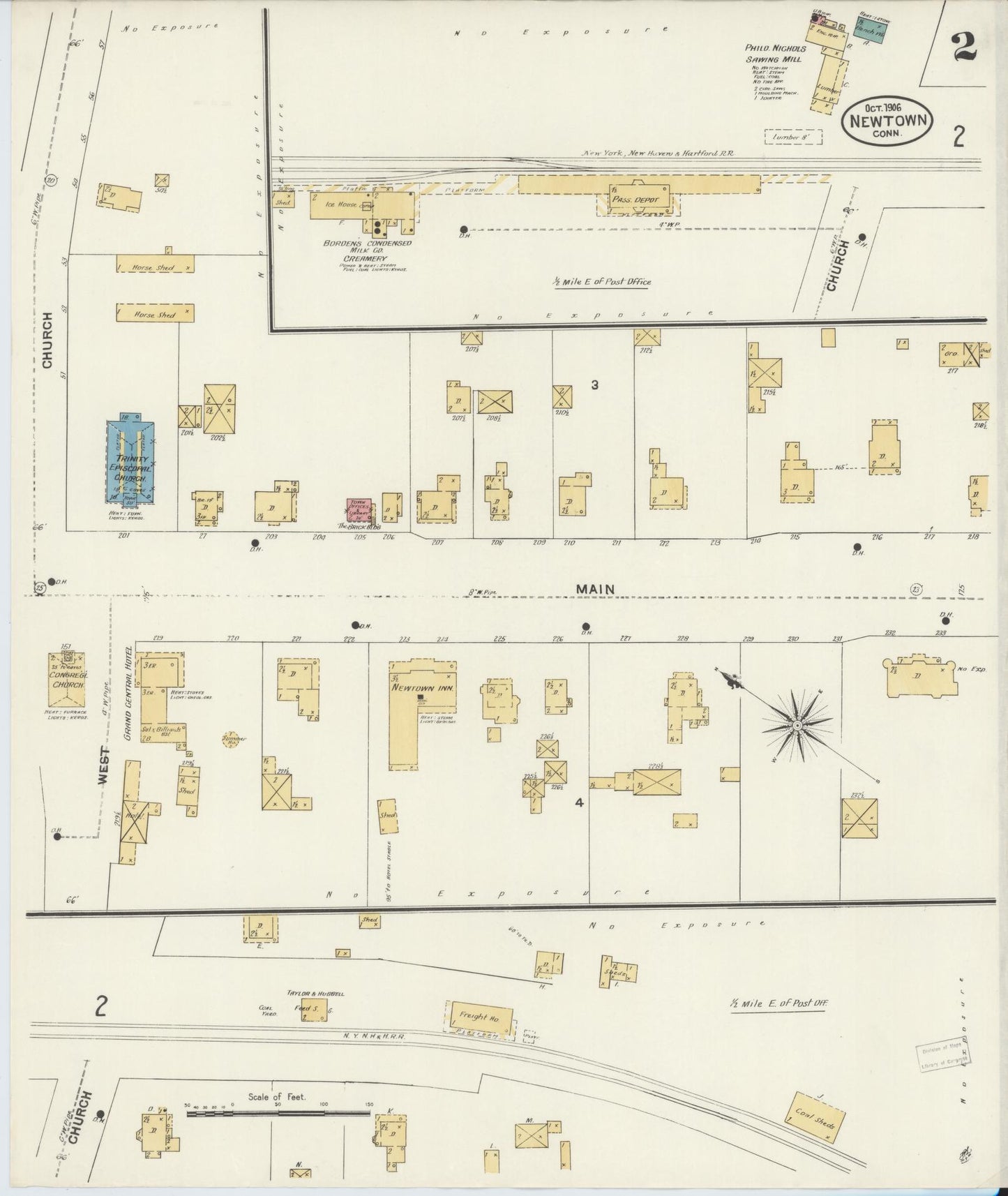 Sanborn Fire Insurance Map from Newtown, Fairfield County, Connecticut (1906), Sheet #0002 - Complete Map Set gallery image, historic Sanborn map, vintage wall art, Connecticut Connecticut