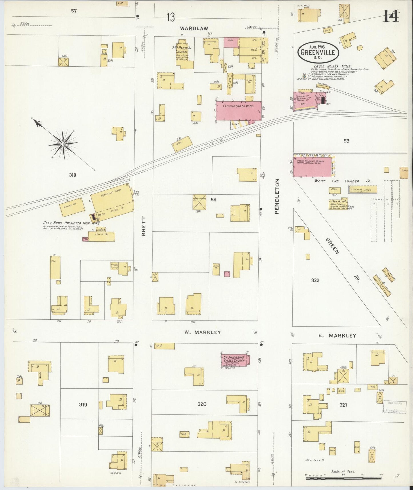 Sanborn Fire Insurance Map from Greenville, Greenville County, South Carolina (1908), Sheet #0014 - Historic Sanborn Fire Insurance Map Print, vintage old map wall art, antique decor, genealogy gift, South Carolina South Carolina map
