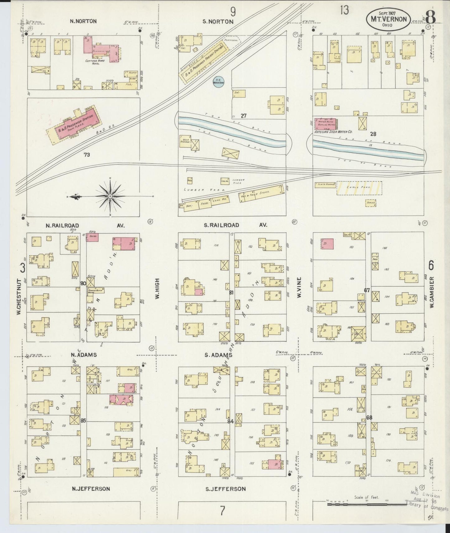 Sanborn Fire Insurance Map from Mount Vernon, Knox County, Ohio (1907), Sheet #0008 - Historic Sanborn Fire Insurance Map Print, vintage old map wall art, antique decor, genealogy gift, Ohio Ohio map