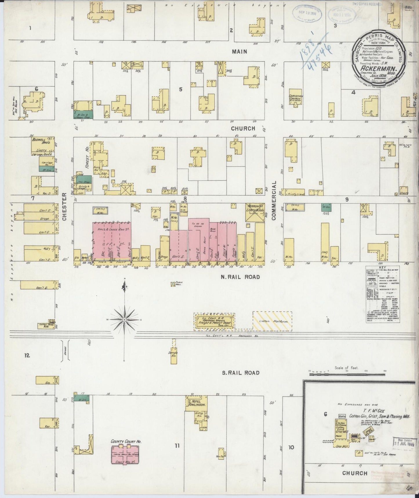 Sanborn Fire Insurance Map from Ackerman, Choctaw County, Mississippi (1898), Sheet #0001 - Historic Sanborn Fire Insurance Map Print, vintage old map wall art, antique decor, genealogy gift, Mississippi Mississippi map