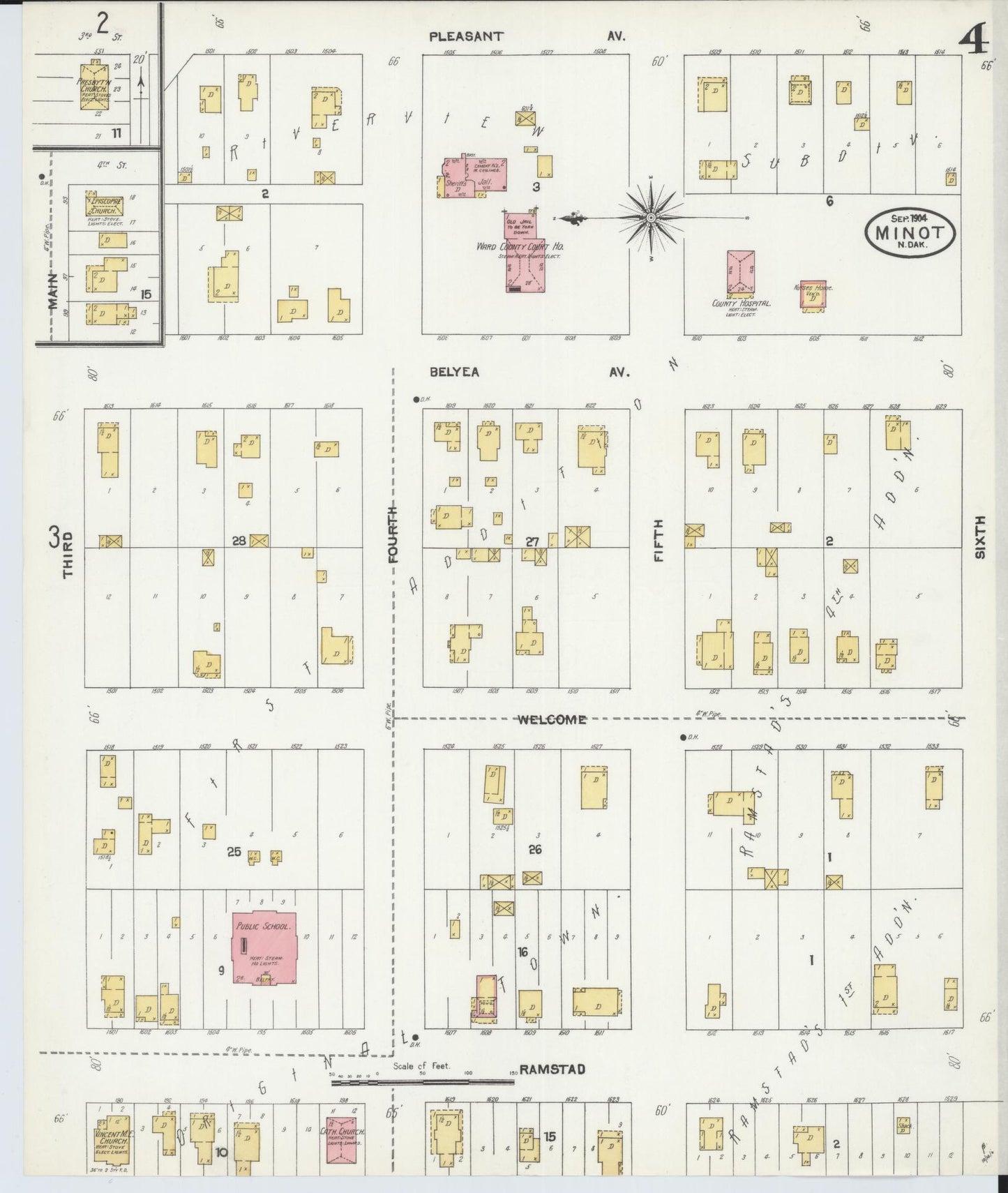 Sanborn Fire Insurance Map from Minot, Ward County, North Dakota (1904), Sheet #0004 - Complete Map Set gallery image, historic Sanborn map, vintage wall art, North Dakota North Dakota