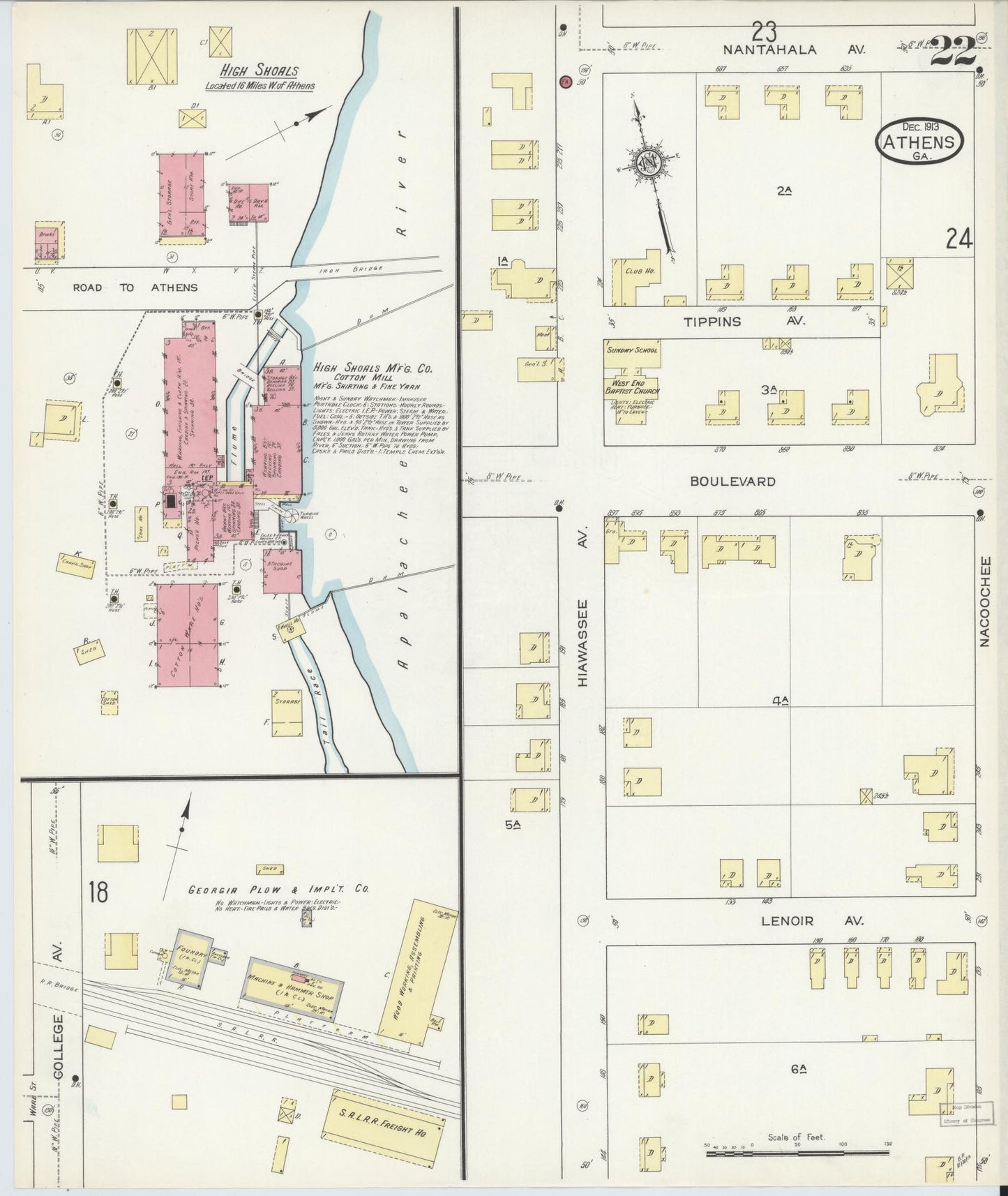Sanborn Fire Insurance Map from Athens, Clarke County, Georgia (1913), Sheet #0022 - Historic Sanborn Fire Insurance Map Print, vintage old map wall art, antique decor, genealogy gift, Georgia Georgia map
