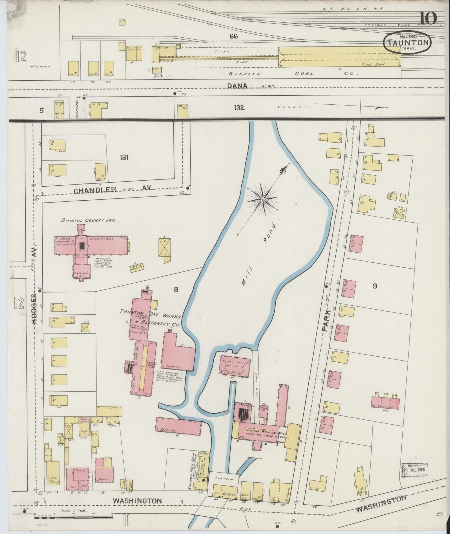 Sanborn Fire Insurance Map from Taunton, Bristol County, Massachusetts (1893), Sheet #0010 - Historic Sanborn Fire Insurance Map Print, vintage old map wall art, antique decor, genealogy gift, Massachusetts Massachusetts map