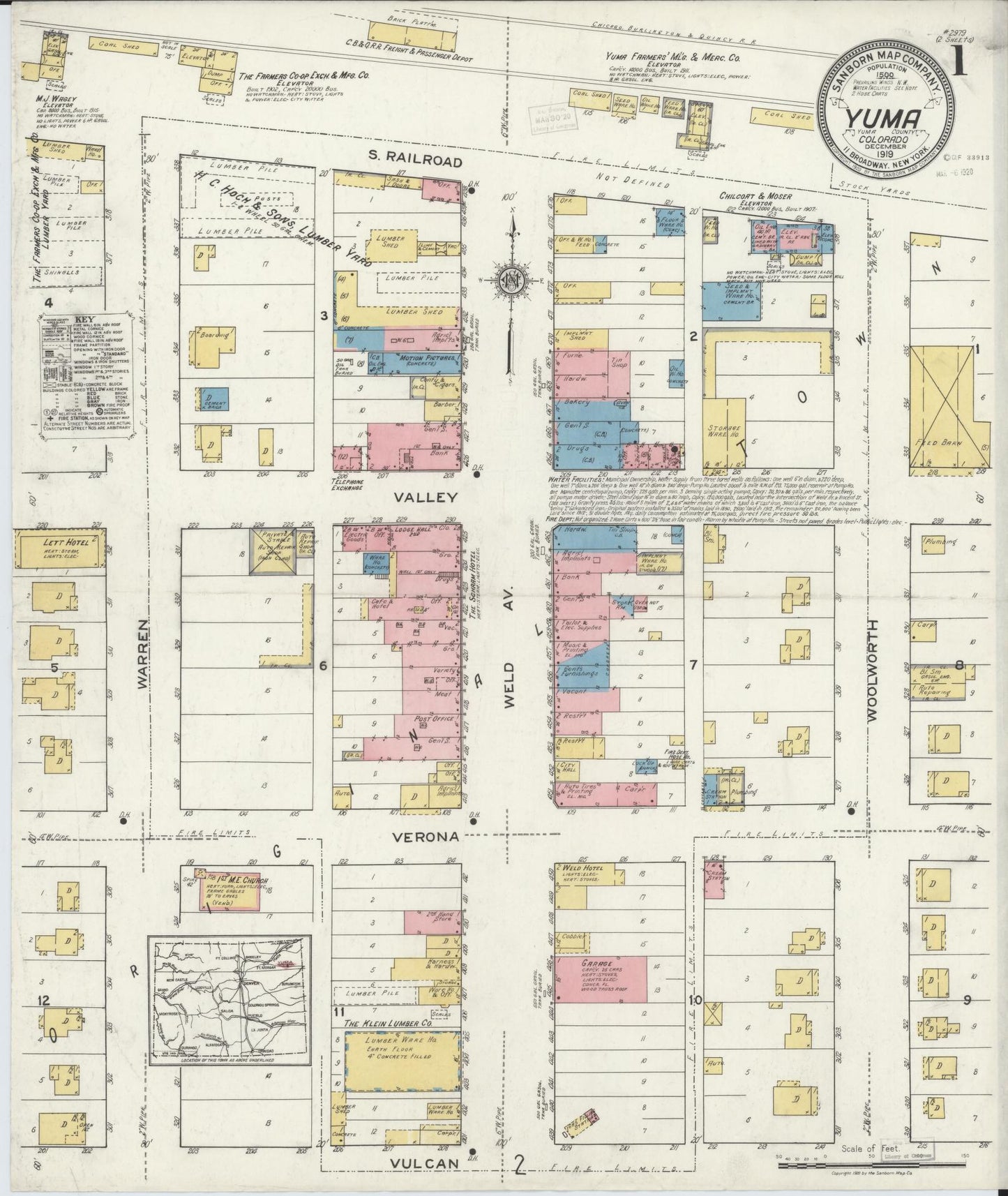 Sanborn Fire Insurance Map from Yuma, Yuma County, Colorado (1919), Sheet #0001 - Historic Sanborn Fire Insurance Map Print, vintage old map wall art, antique decor, genealogy gift, Colorado Colorado map