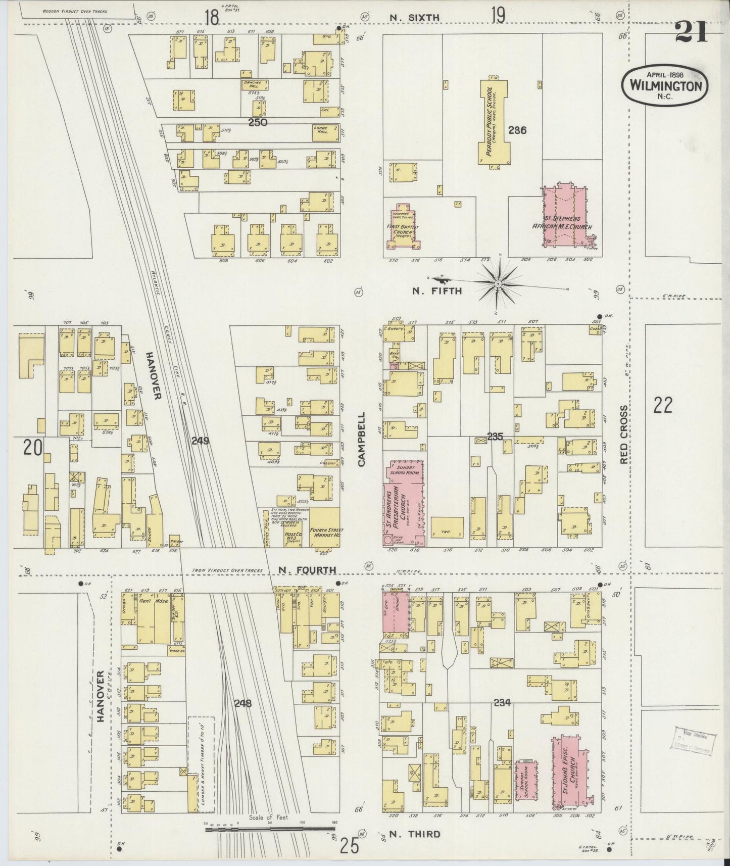 Sanborn Fire Insurance Map from Wilmington, New Hanover County, North Carolina (1898), Sheet #0021 - Historic Sanborn Fire Insurance Map Print, vintage old map wall art, antique decor, genealogy gift, North Carolina North Carolina map