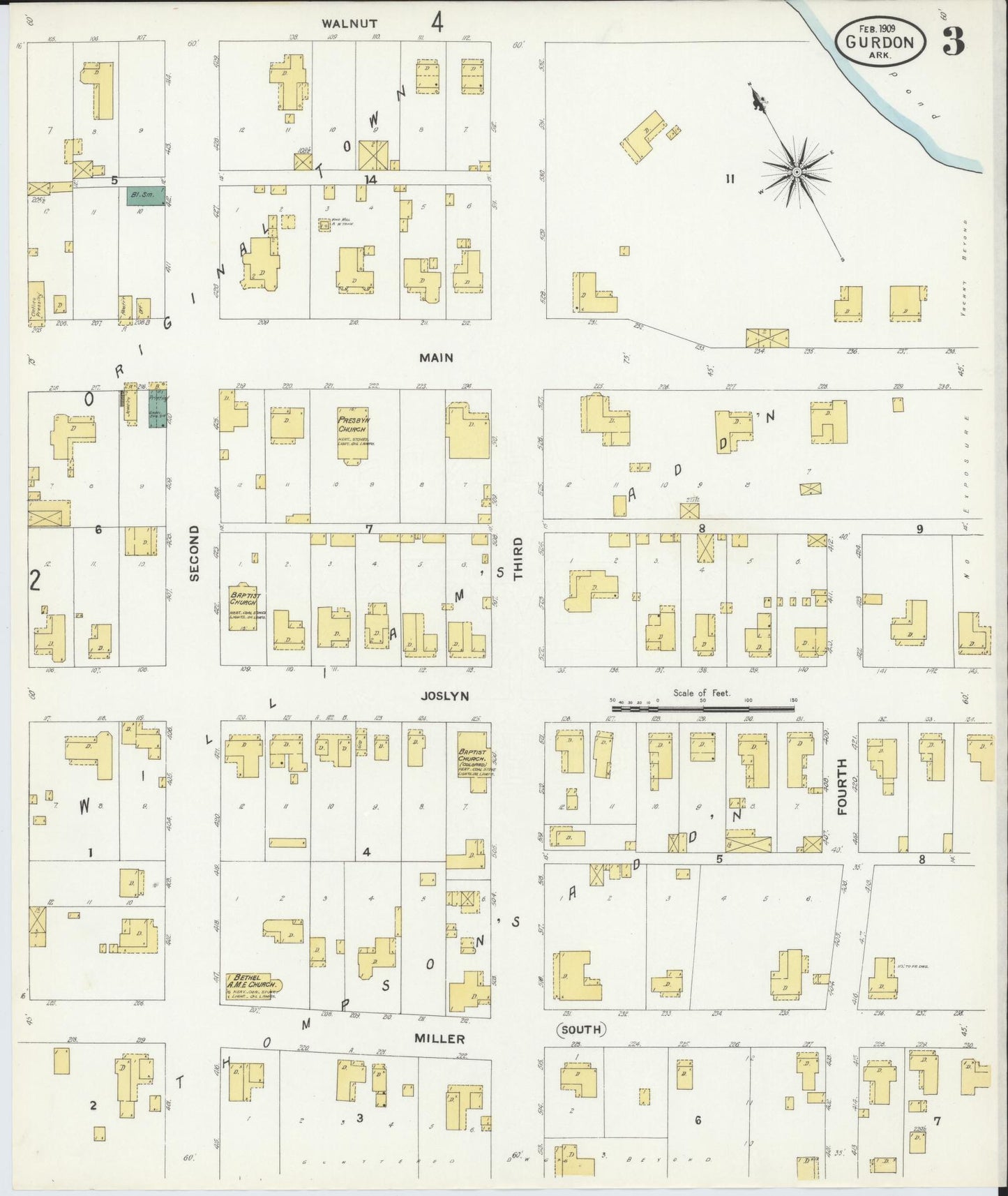 Sanborn Fire Insurance Map from Gurdon, Clark County, Arkansas (1909), Sheet #0003 - Historic Sanborn Fire Insurance Map Print, vintage old map wall art, antique decor, genealogy gift, Arkansas Arkansas map