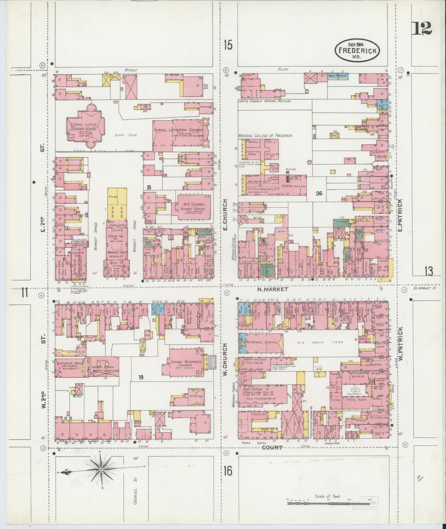 Frederick, Maryland - 1904 - Sanborn Fire Insurance Map, Sheet #0012 - Historic Sanborn Fire Insurance Map Print, Frederick Maryland 1904 0012 vintage old map wall art