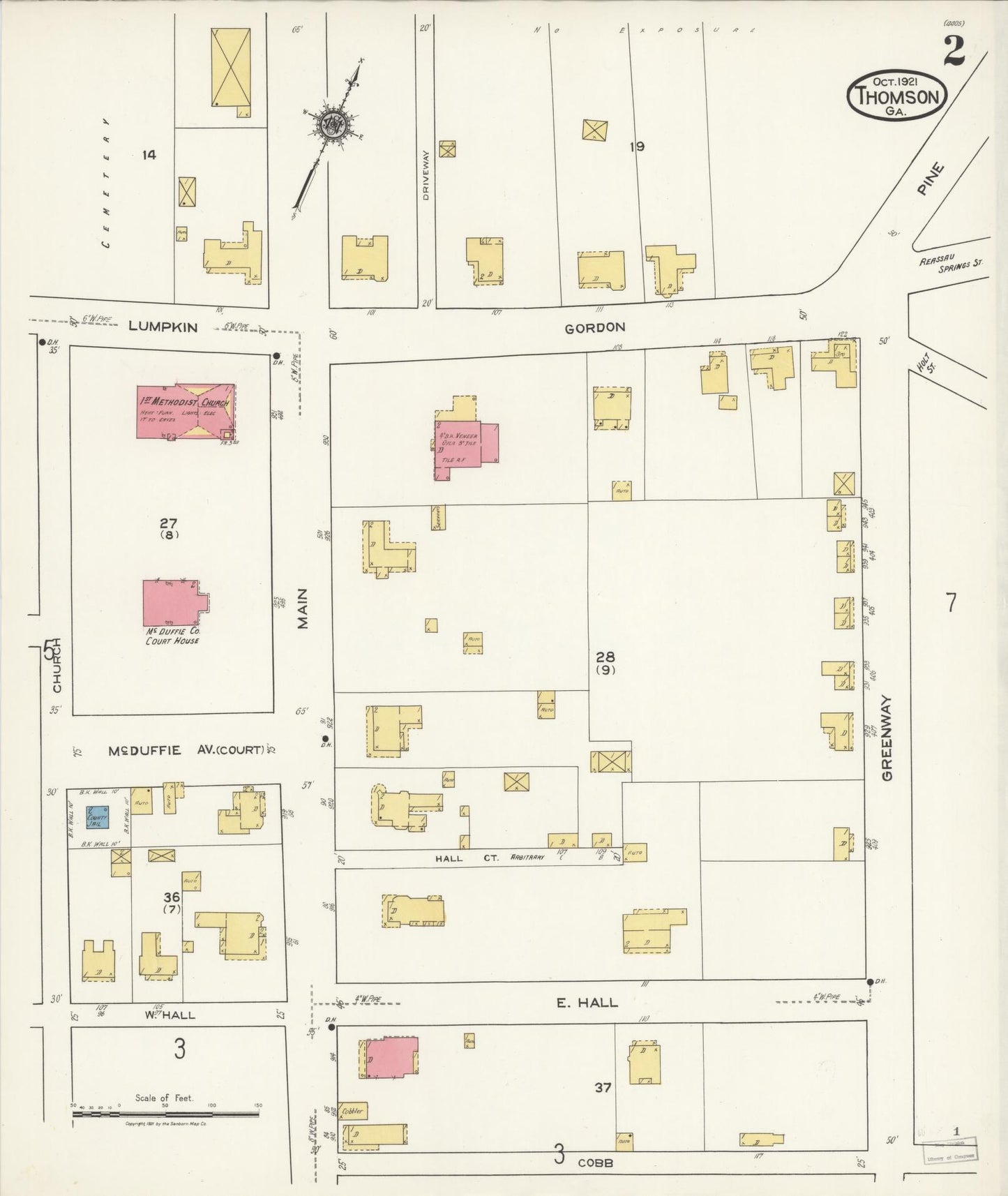 Sanborn Fire Insurance Map from Thomson, McDuffie County, Georgia (1921), Sheet #0002 - Historic Sanborn Fire Insurance Map Print, vintage old map wall art, antique decor, genealogy gift, Georgia Georgia map
