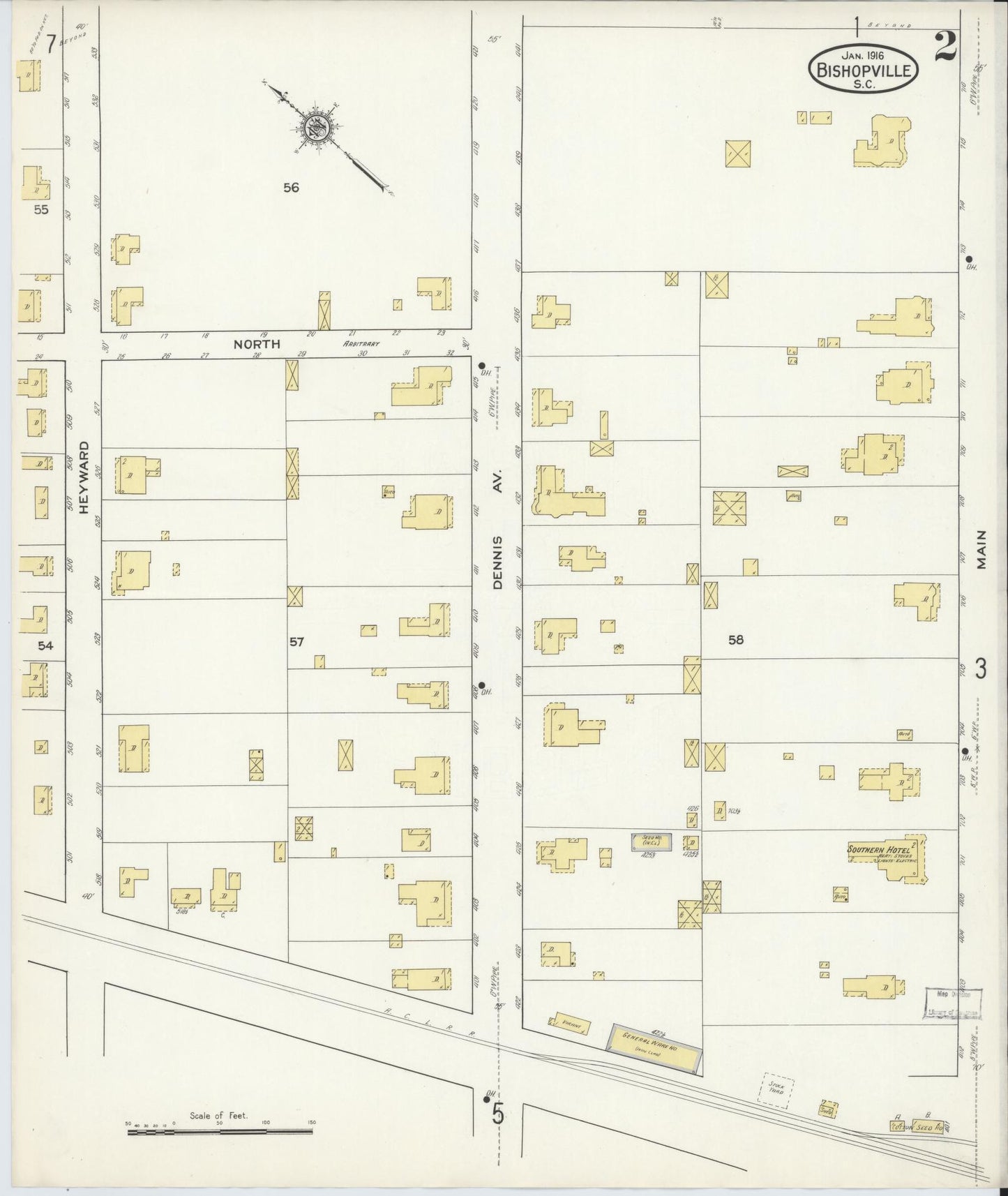 Sanborn Fire Insurance Map from Bishopville, Lee County, South Carolina (1916), Sheet #0002 - Historic Sanborn Fire Insurance Map Print, vintage old map wall art, antique decor, genealogy gift, South Carolina South Carolina map