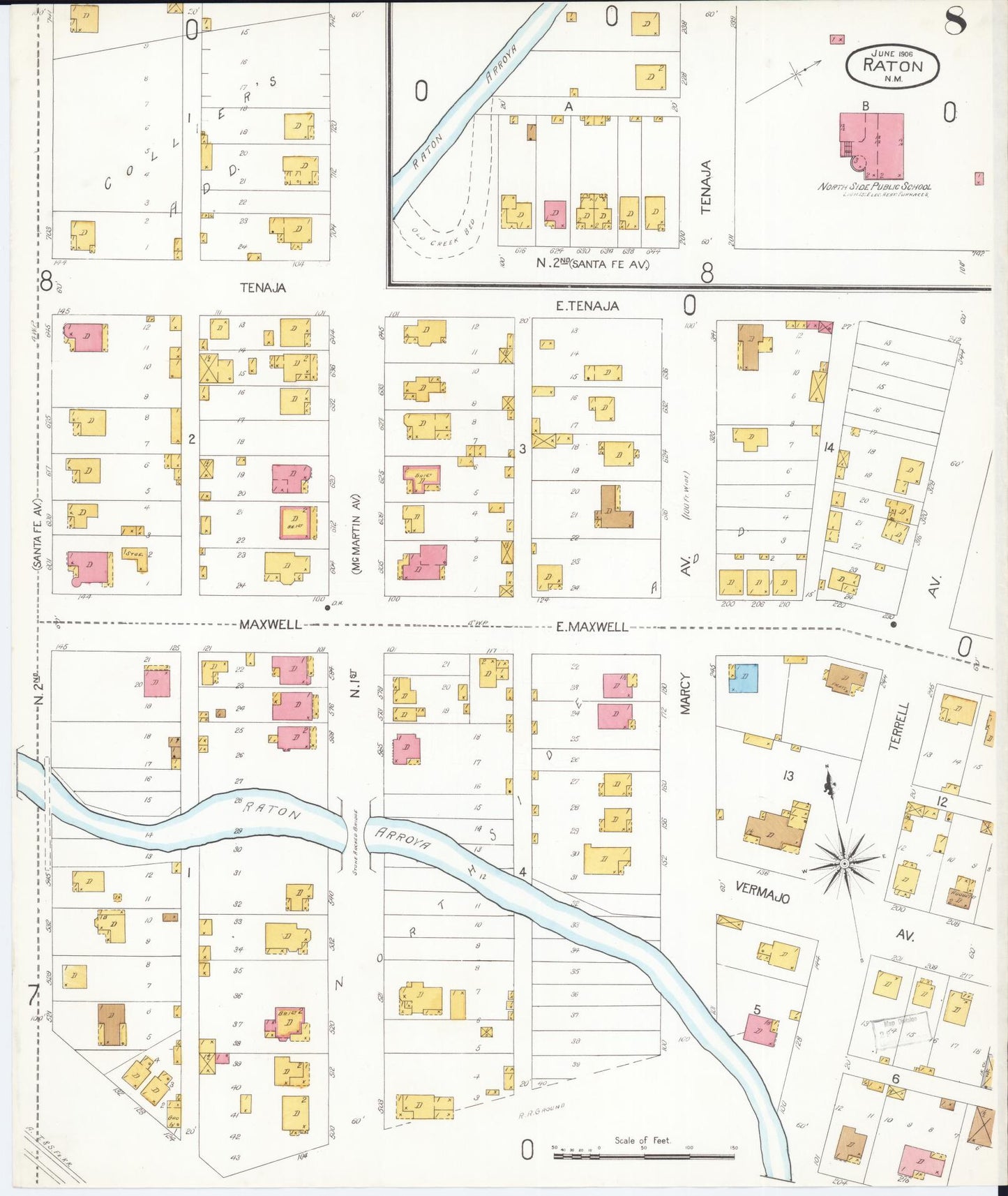 Sanborn Fire Insurance Map from Raton, Colfax County, New Mexico (1906), Sheet #0008 - Historic Sanborn Fire Insurance Map Print, vintage old map wall art, antique decor, genealogy gift, New Mexico New Mexico map