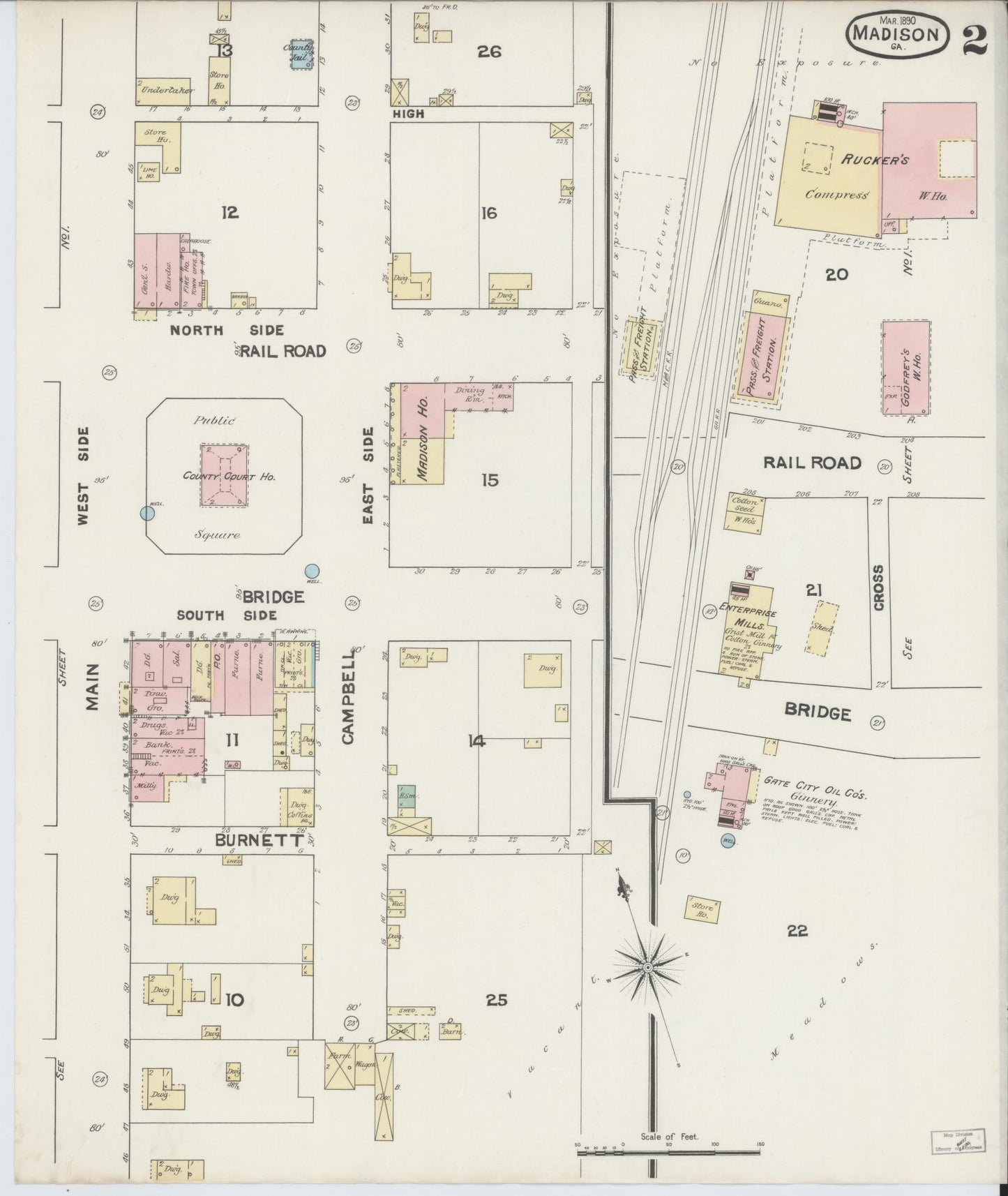 Sanborn Fire Insurance Map from Madison, Morgan County, Georgia (1890), Sheet #0002 - Historic Sanborn Fire Insurance Map Print, vintage old map wall art, antique decor, genealogy gift, Georgia Georgia map
