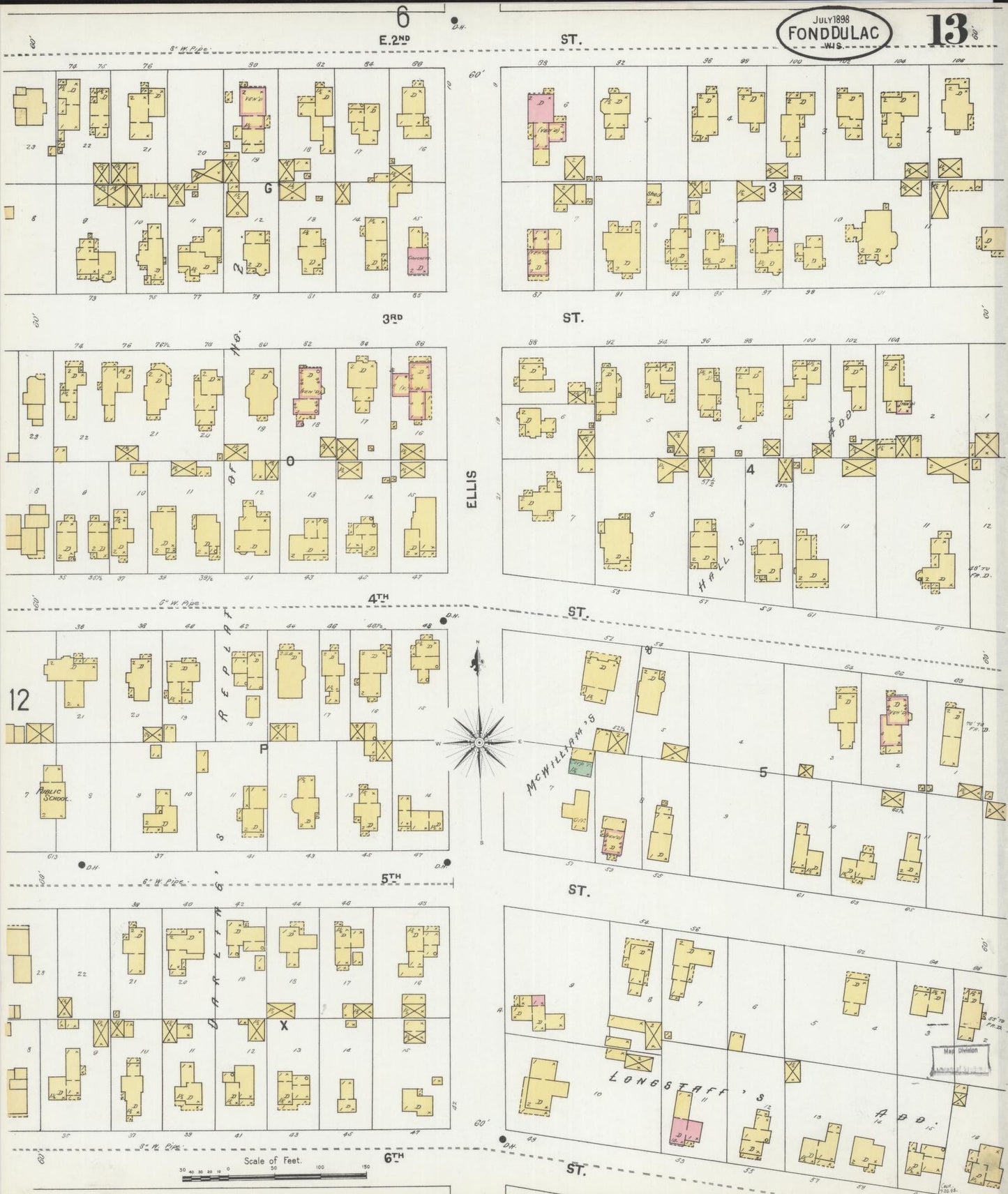 Sanborn Fire Insurance Map from Fond du Lac, Fond du Lac County, Wisconsin (1898), Sheet #0013 - Historic Sanborn Fire Insurance Map Print, vintage old map wall art, antique decor, genealogy gift, Wisconsin Wisconsin map