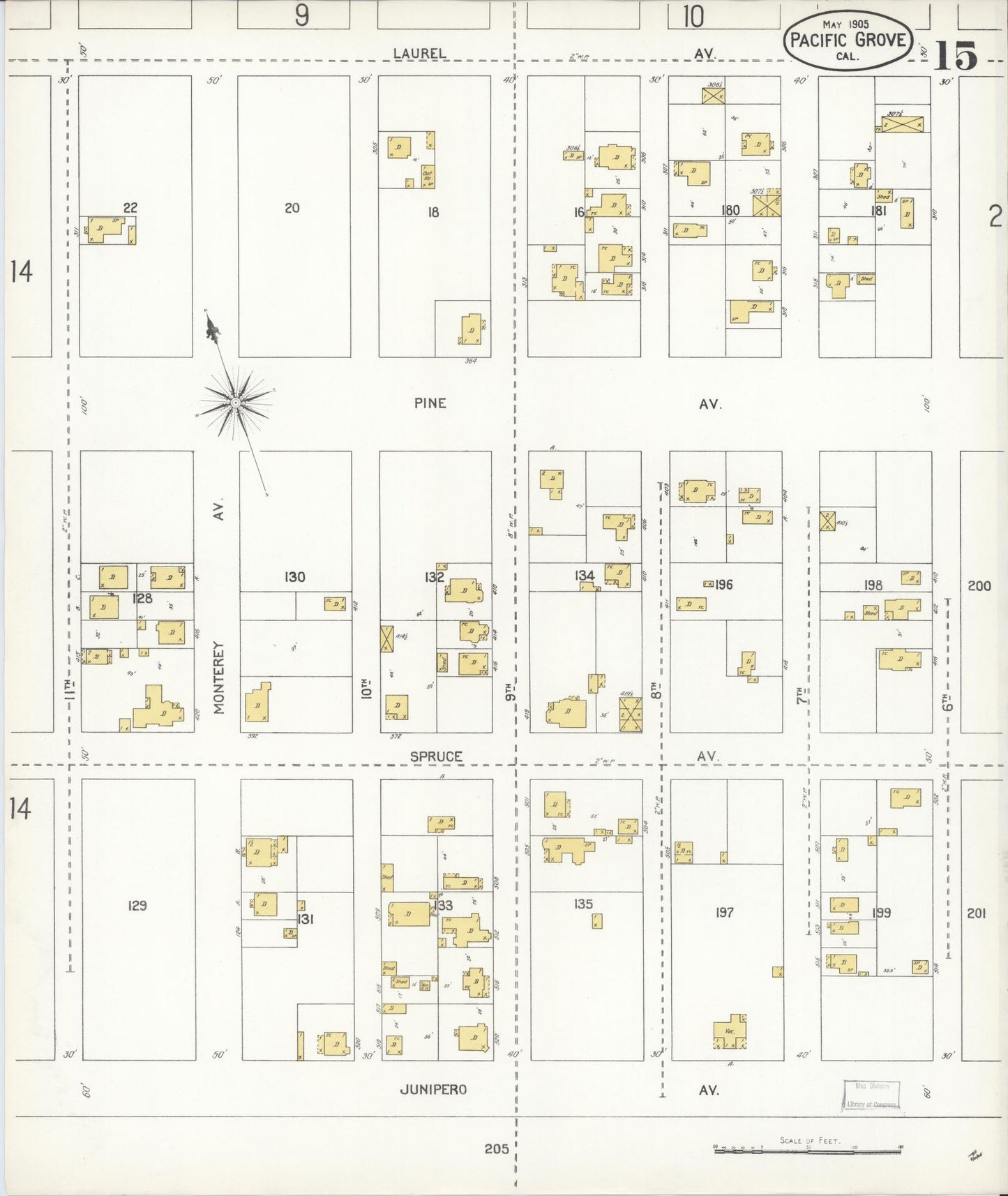 Sanborn Fire Insurance Map from Pacific Grove, Monterey County, California (1905), Sheet #0015 - Complete Map Set gallery image, historic Sanborn map, vintage wall art, California California