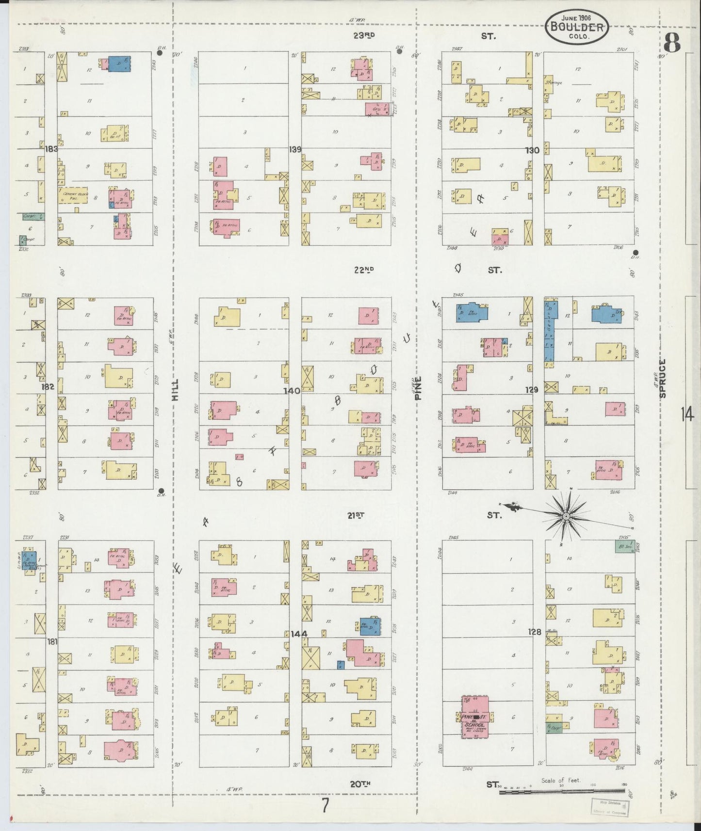 Sanborn Fire Insurance Map from Boulder, Boulder County, Colorado (1906), Sheet #0008 - Historic Sanborn Fire Insurance Map Print, vintage old map wall art, antique decor, genealogy gift, Colorado Colorado map