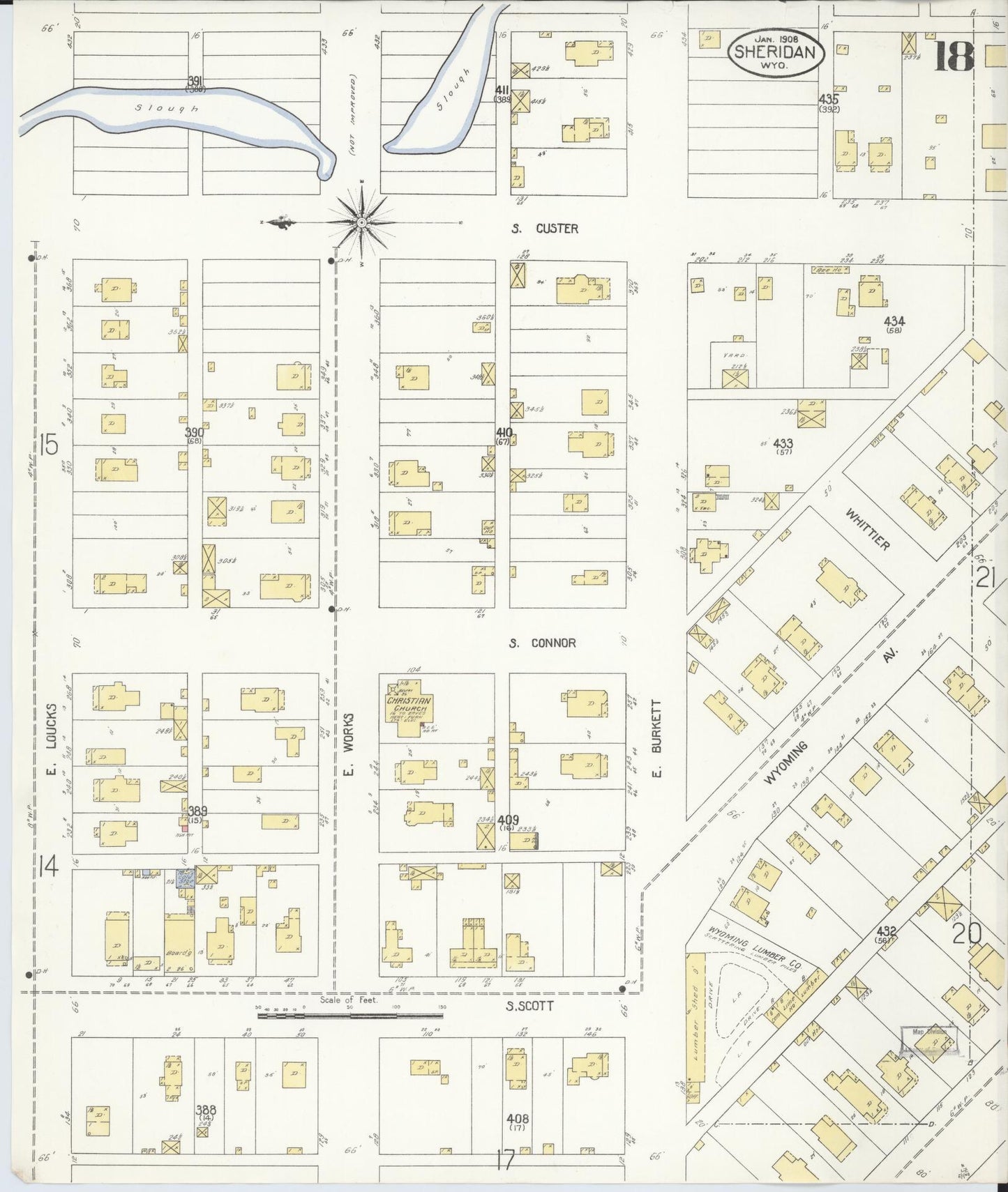 Sanborn Fire Insurance Map from Sheridan, Sheridan County, Wyoming (1908), Sheet #0018 - Historic Sanborn Fire Insurance Map Print, vintage old map wall art, antique decor, genealogy gift, Wyoming Wyoming map