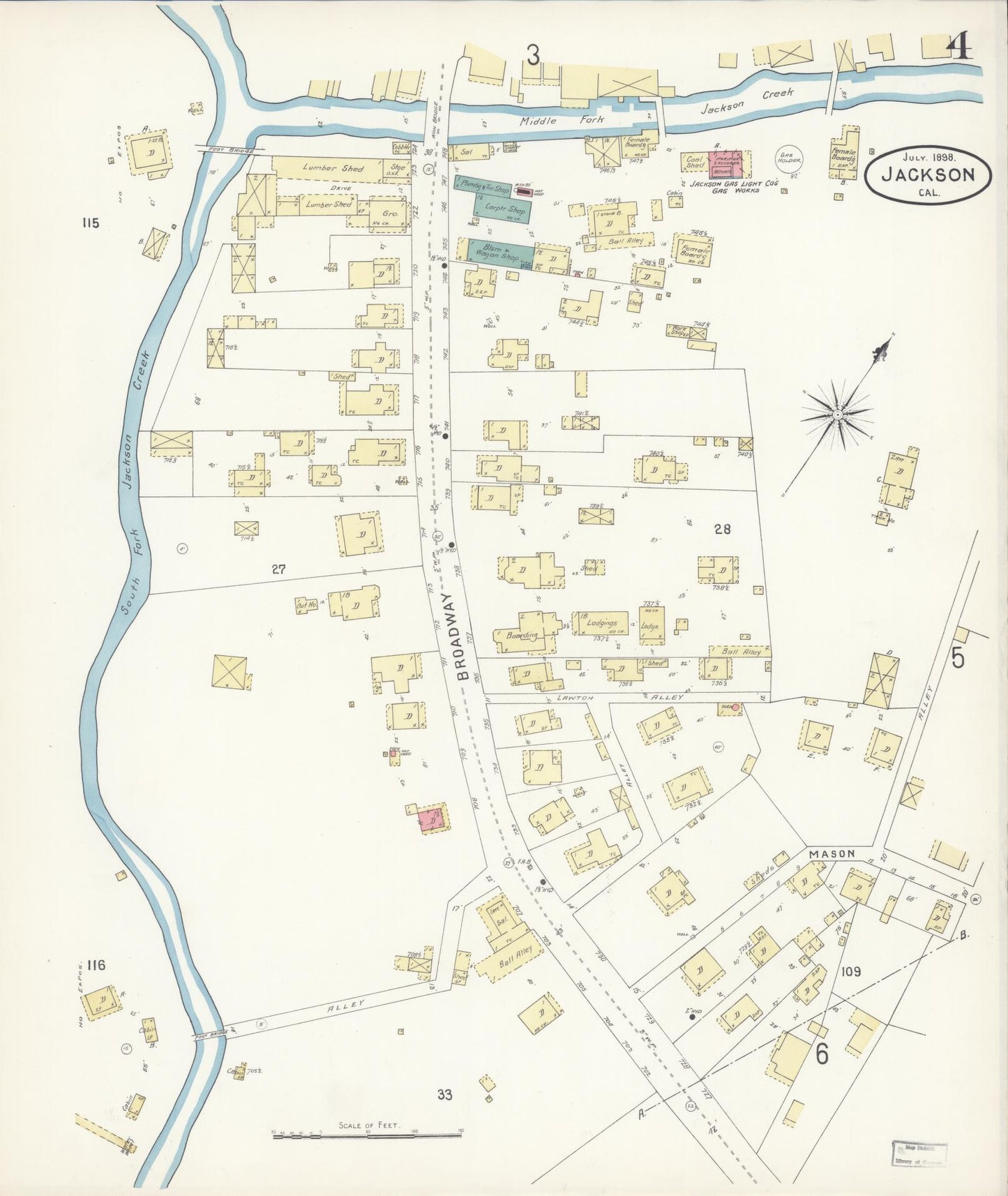 Sanborn Fire Insurance Map from Jackson, Amador County, California (1898), Sheet #0004 - Historic Sanborn Fire Insurance Map Print, vintage old map wall art, antique decor, genealogy gift, California California map