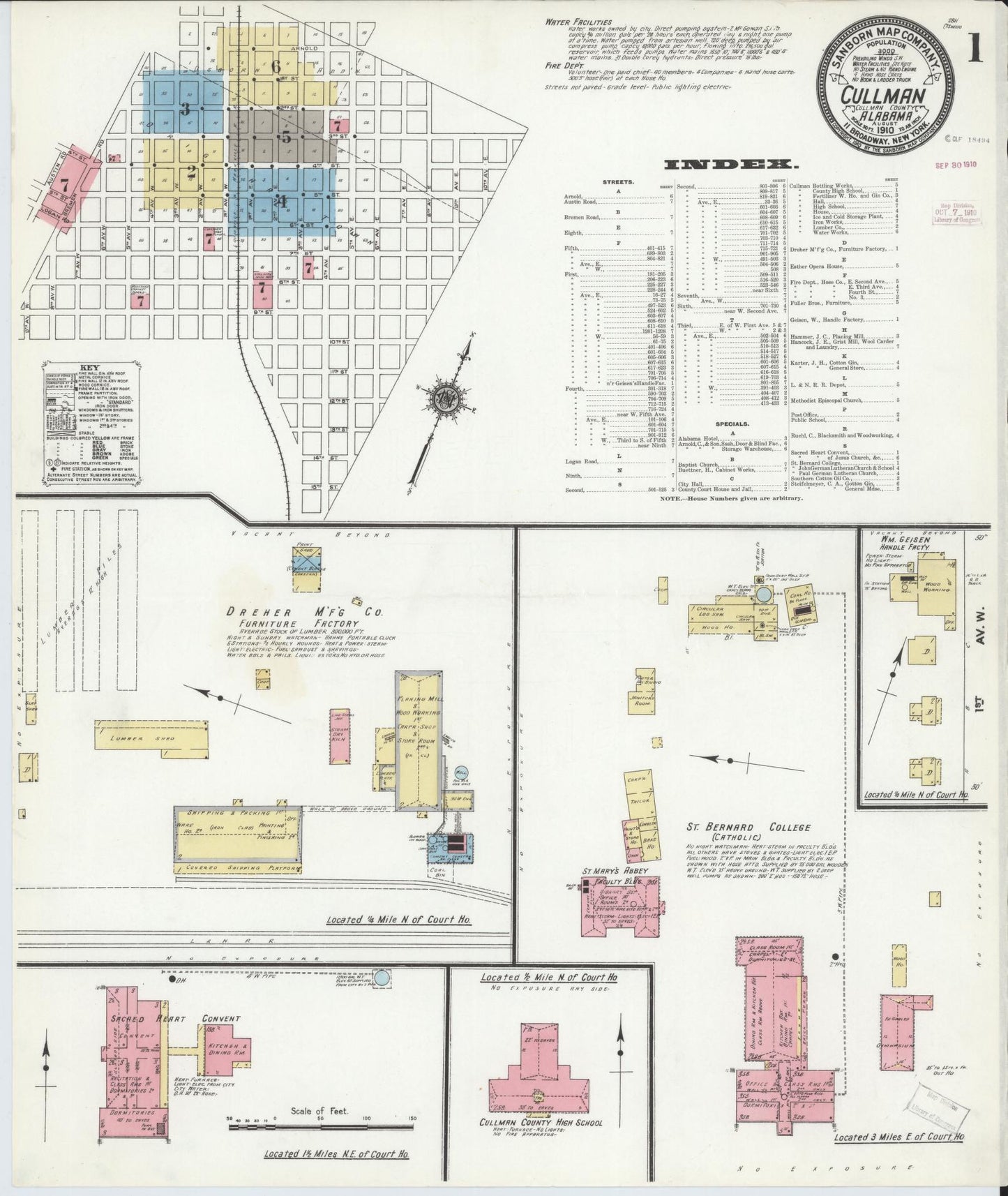 Sanborn Fire Insurance Map from Cullman, Cullman County, Alabama (1910), Sheet #0001 - Historic Sanborn Fire Insurance Map Print, vintage old map wall art, antique decor, genealogy gift, Alabama Alabama map