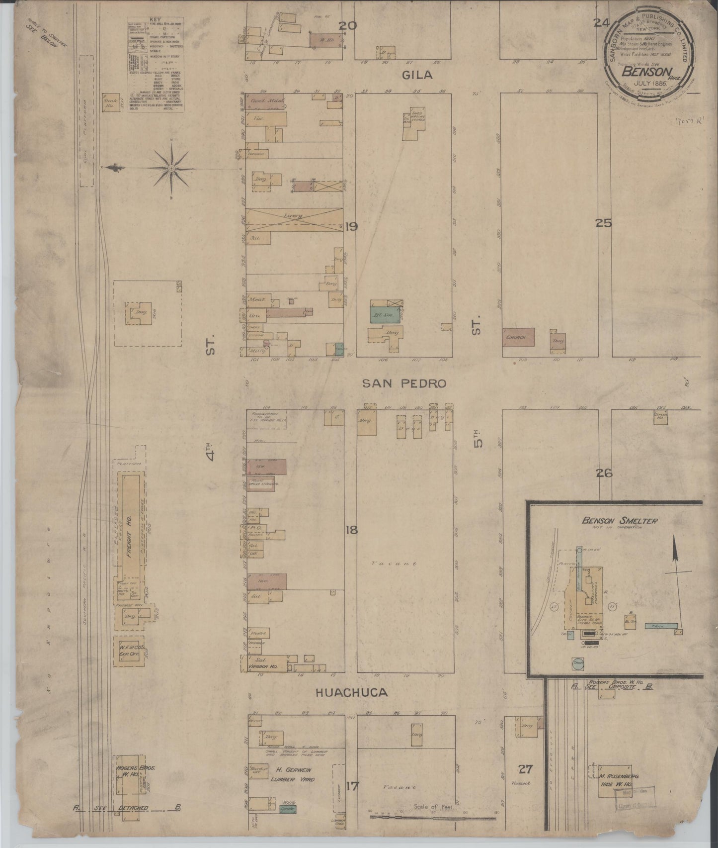 Sanborn Fire Insurance Map from Benson, Cochise County, Arizona (1886), Sheet #0001 - Historic Sanborn Fire Insurance Map Print, vintage old map wall art, antique decor, genealogy gift, Arizona Arizona map