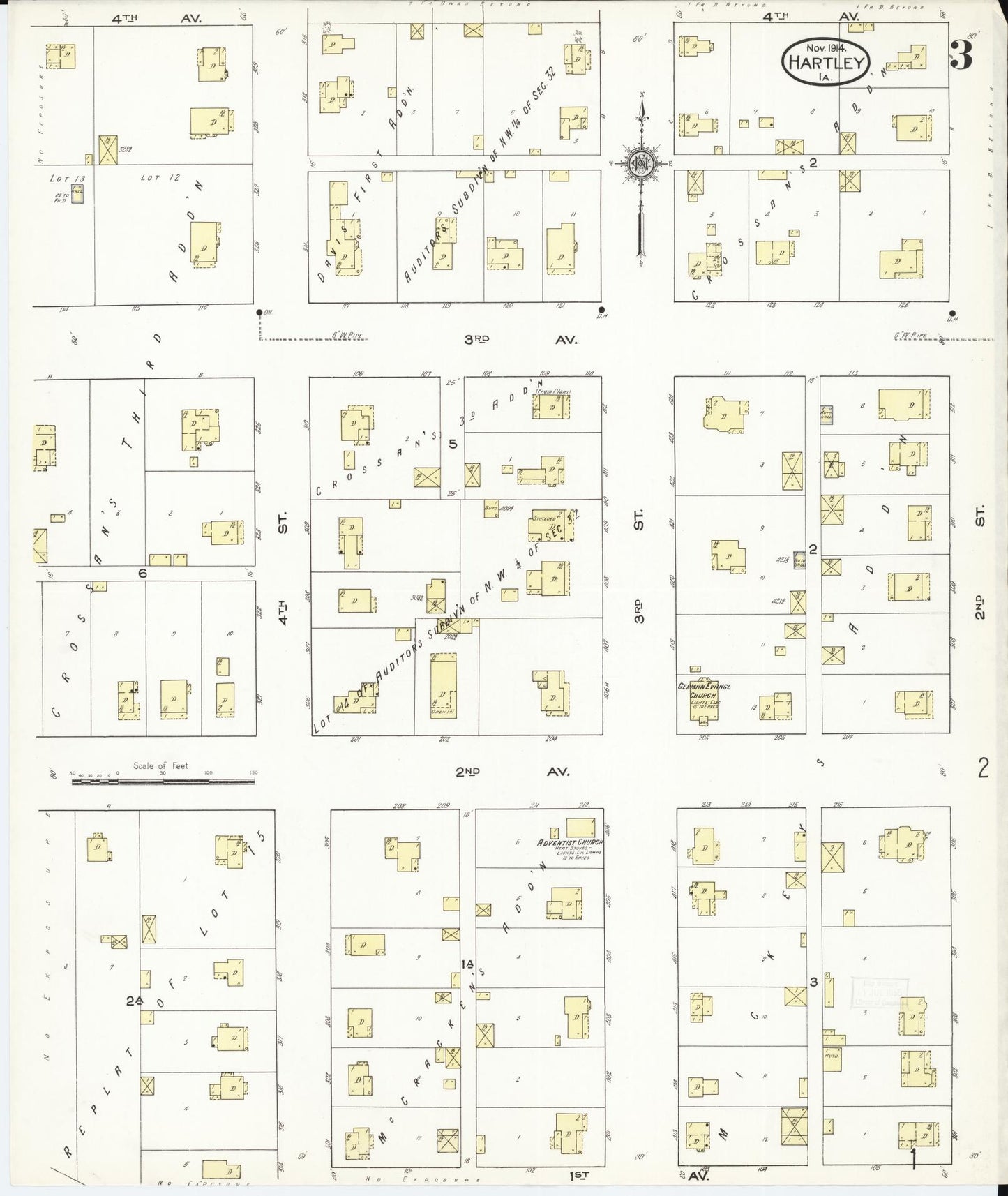 Sanborn Fire Insurance Map from Hartley, O'Brien County, Iowa (1914), Sheet #0003 - Historic Sanborn Fire Insurance Map Print, vintage old map wall art