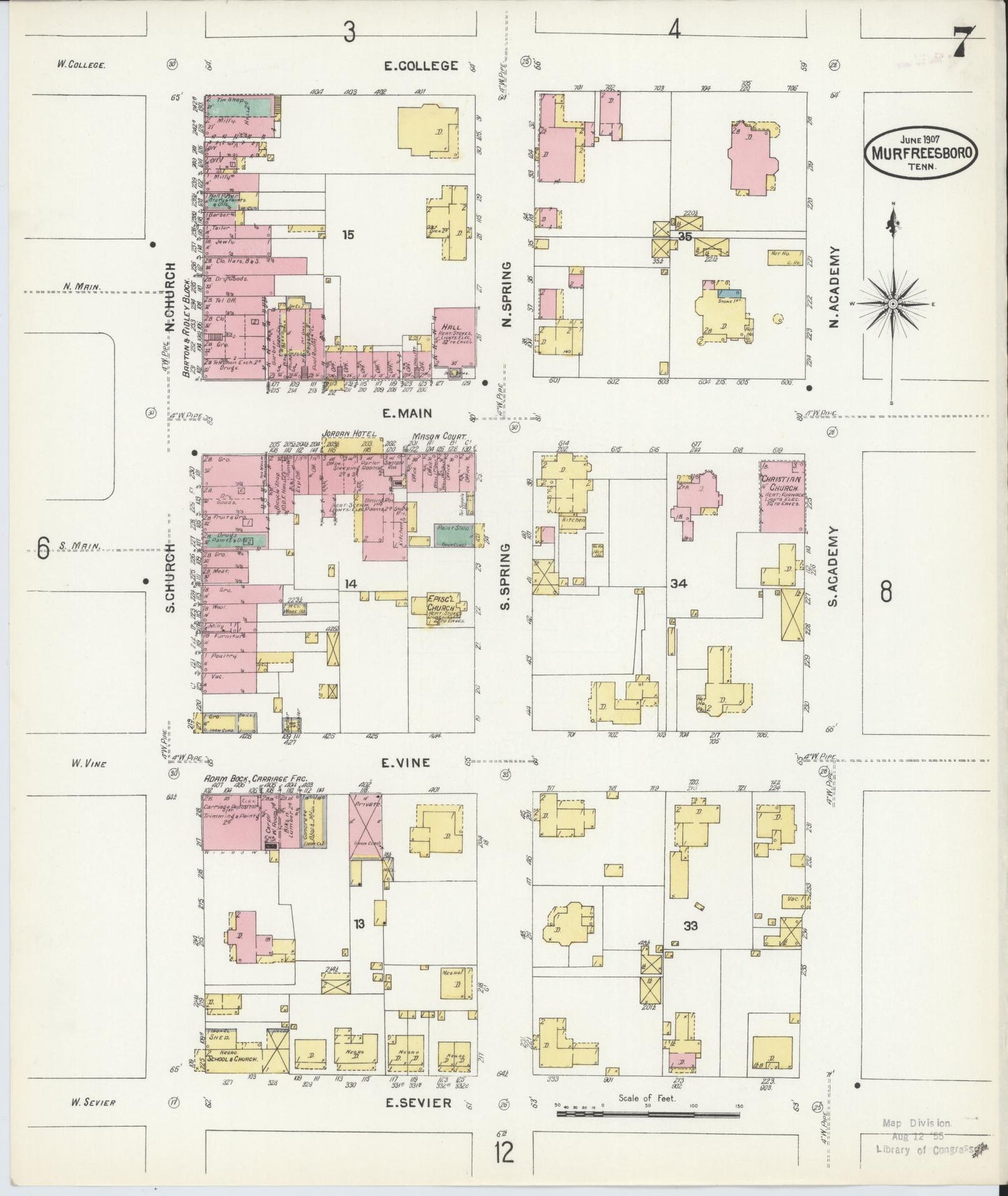Sanborn Fire Insurance Map from Murfreesboro, Rutherford County, Tennessee (1907), Sheet #0007 - Historic Sanborn Fire Insurance Map Print, vintage old map wall art, antique decor, genealogy gift, Tennessee Tennessee map