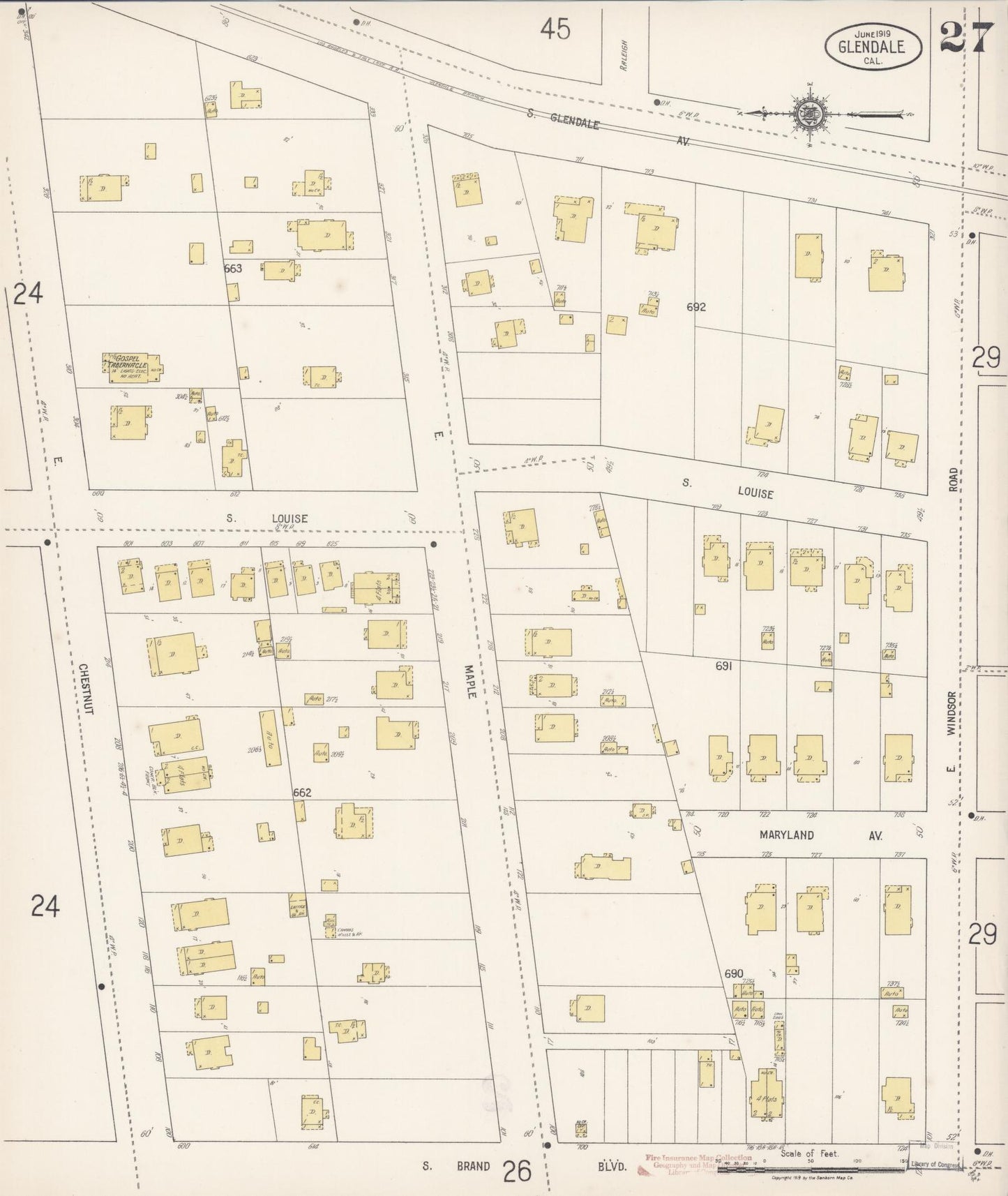 Sanborn Fire Insurance Map from Glendale, Los Angeles County, California (1919), Sheet #0027 - Historic Sanborn Fire Insurance Map Print, vintage old map wall art, antique decor, genealogy gift, California California map