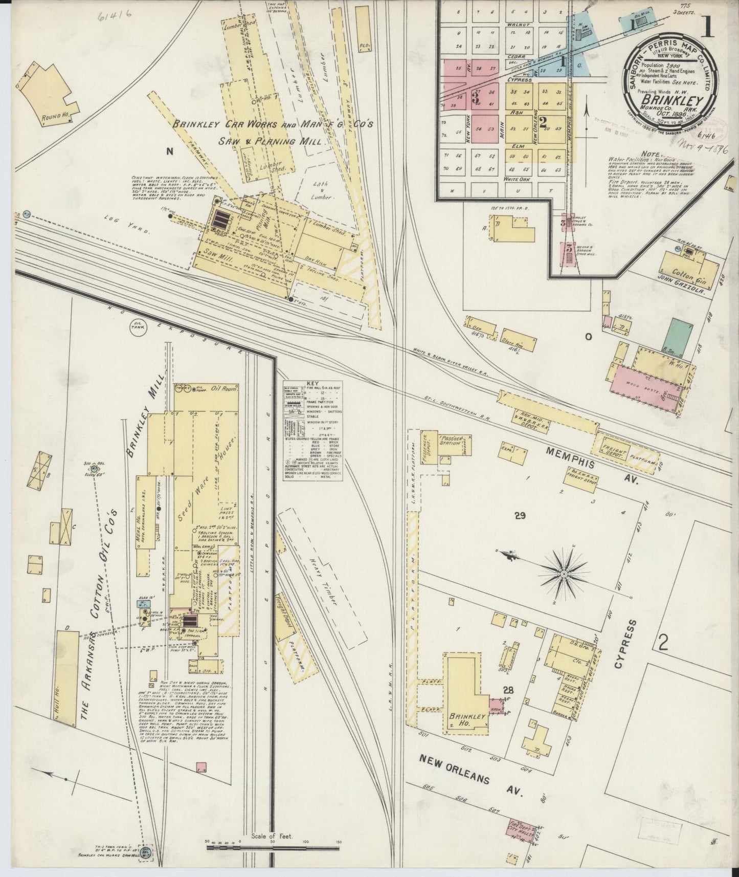 Sanborn Fire Insurance Map from Brinkley, Monroe County, Arkansas (1896), Sheet #0001 - Historic Sanborn Fire Insurance Map Print, vintage old map wall art, antique decor, genealogy gift, Arkansas Arkansas map