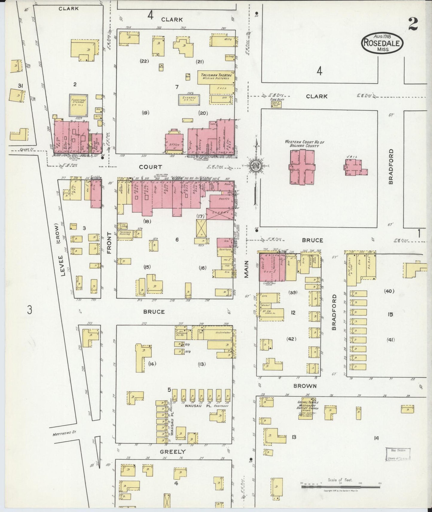 Sanborn Fire Insurance Map from Rosedale, Bolivar County, Mississippi (1918), Sheet #0002 - Historic Sanborn Fire Insurance Map Print, vintage old map wall art, antique decor, genealogy gift, Mississippi Mississippi map