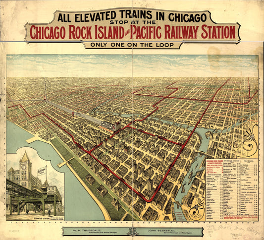 All elevated trains in Chicago stop at the Chicago Rock Island and Pacific Railway Station, only one on the Loop (1897) – Historic Bird’s-Eye View Panorama Print