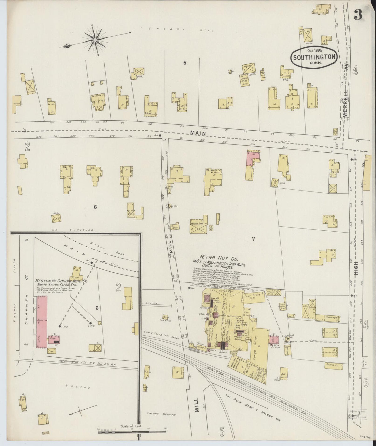 Sanborn Fire Insurance Map from Southington, Hartford County, Connecticut (1895), Sheet #0003 - Historic Sanborn Fire Insurance Map Print, vintage old map wall art, antique decor, genealogy gift, Connecticut Connecticut map