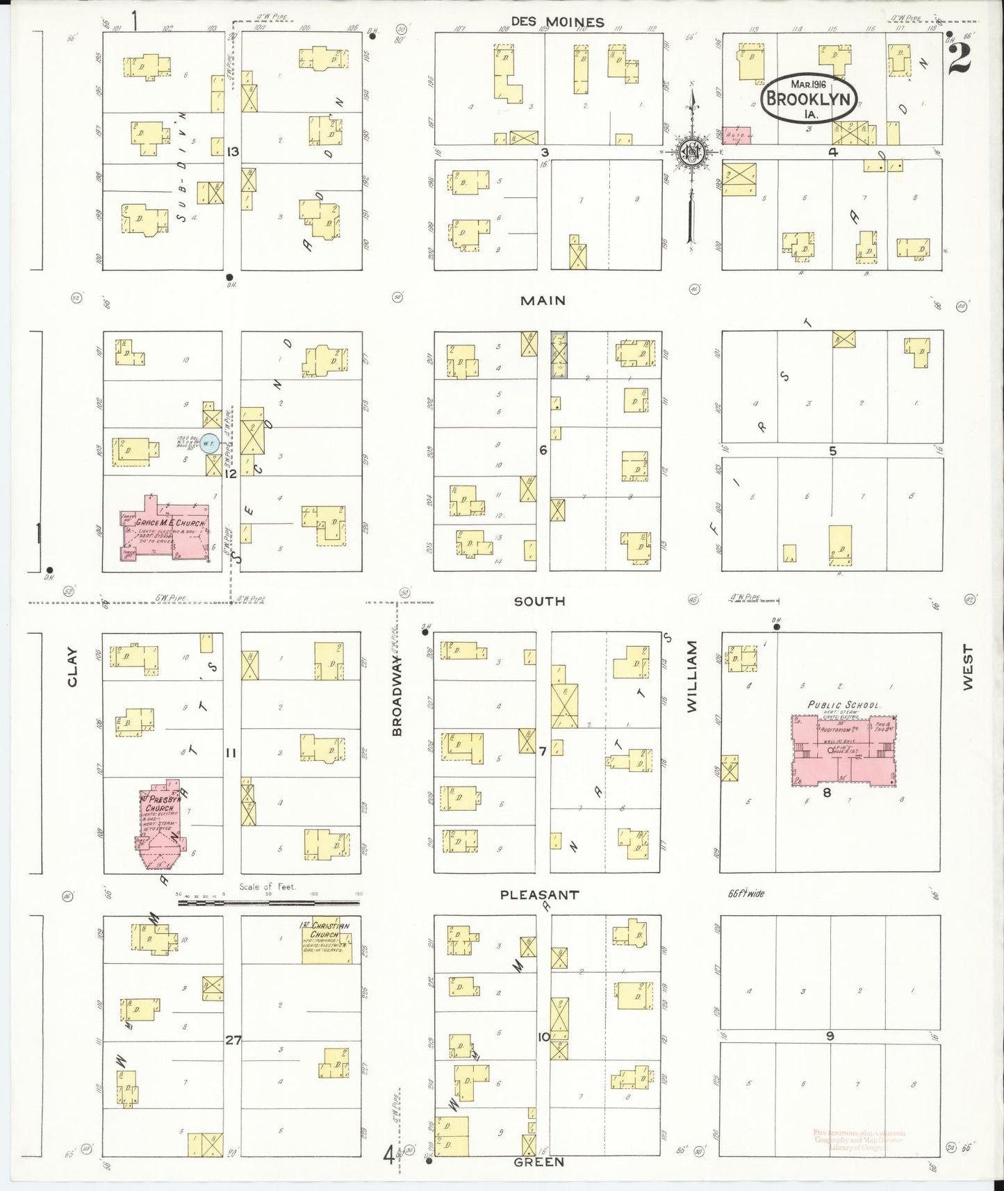 Sanborn Fire Insurance Map from Brooklyn, Poweshiek County, Iowa (1916), Sheet #0002 - Historic Sanborn Fire Insurance Map Print, vintage old map wall art