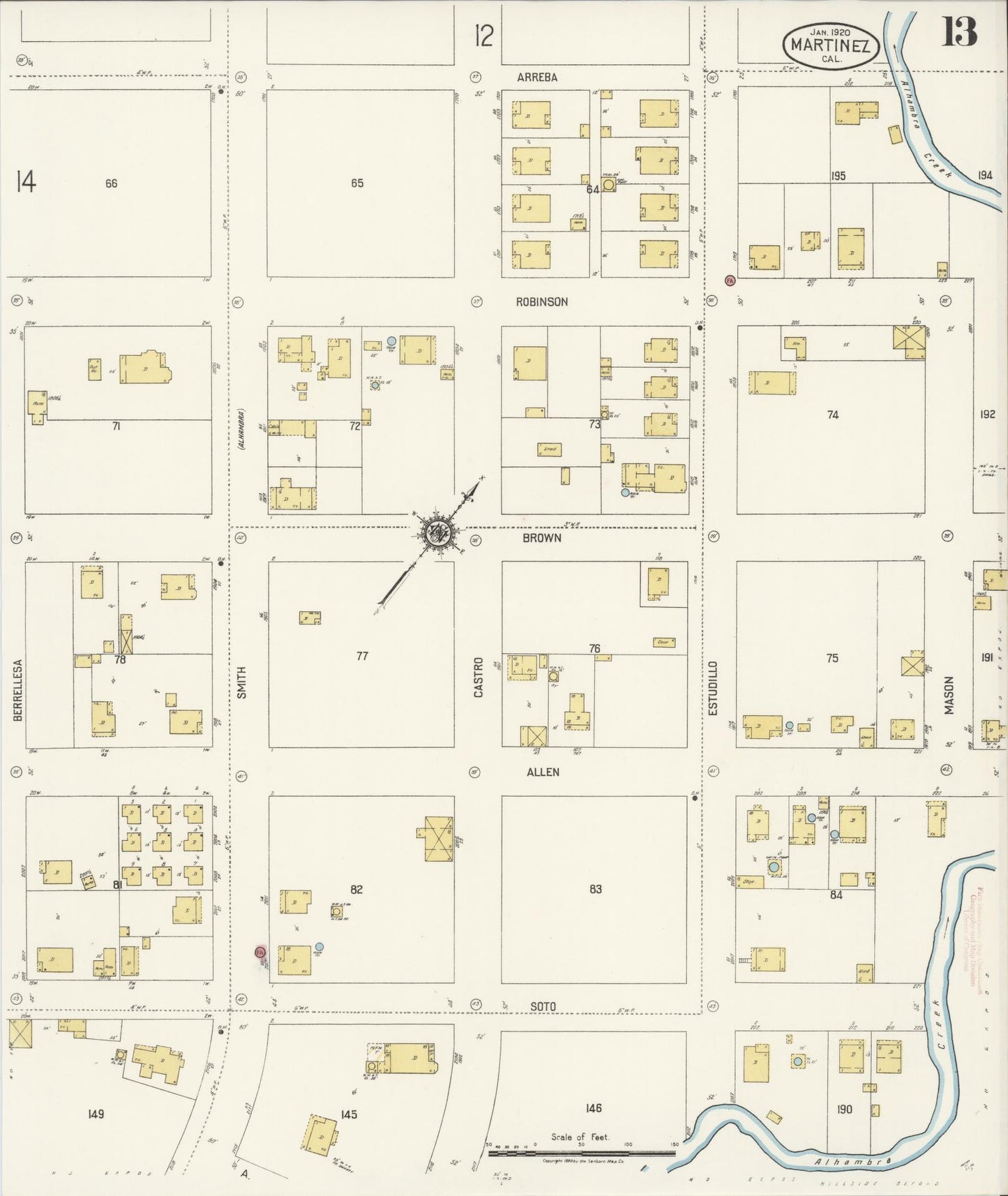 Sanborn Fire Insurance Map from Martinez, Contra Costa County, California (1920), Sheet #0013 - Historic Sanborn Fire Insurance Map Print, vintage old map wall art, antique decor, genealogy gift, California California map