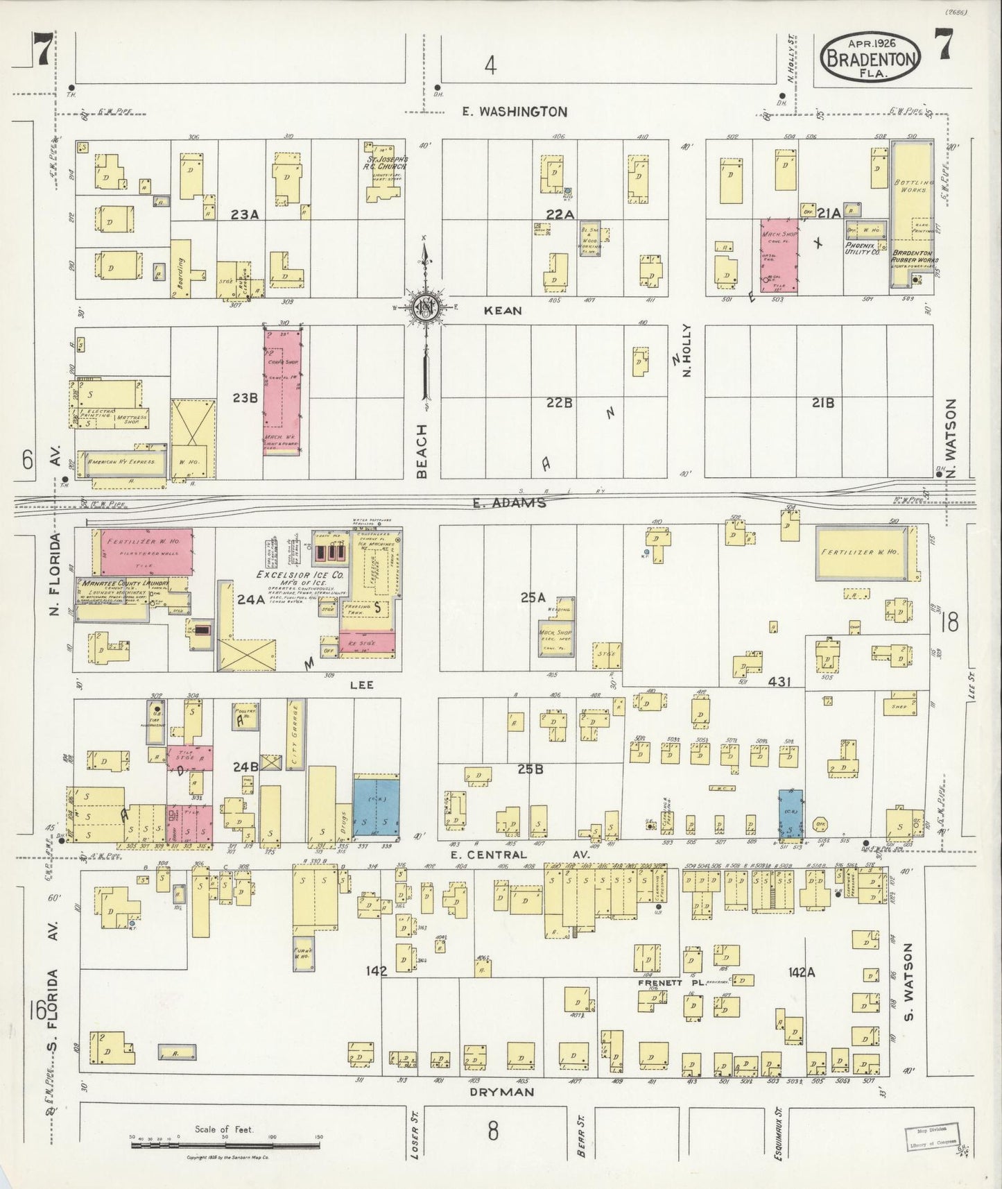 Sanborn Fire Insurance Map from Bradentown, Manatee County, Florida (1926), Sheet #0007 - Historic Sanborn Fire Insurance Map Print, vintage old map wall art, antique decor, genealogy gift, Florida Florida map