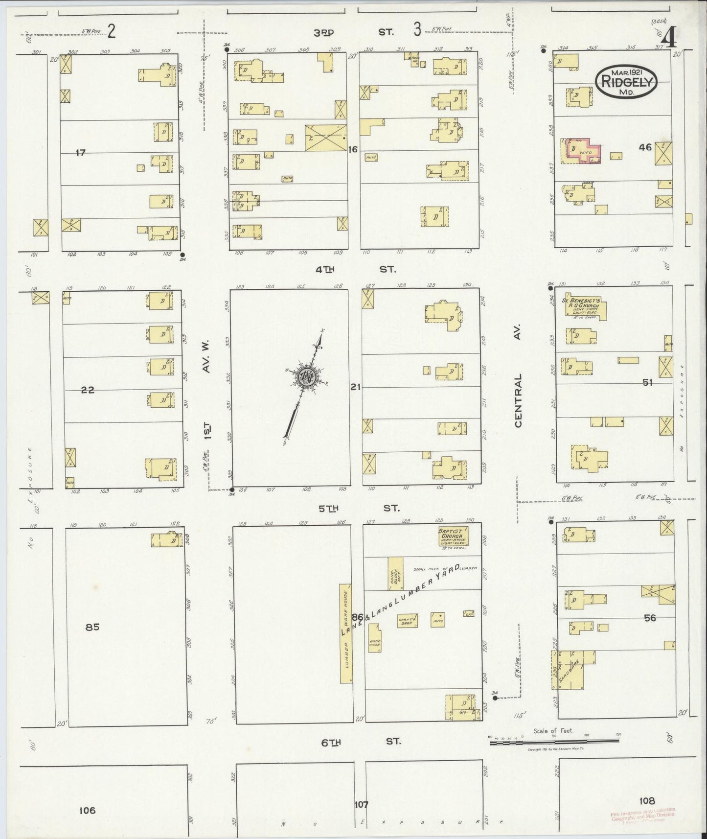Sanborn Fire Insurance Map from Ridgely, Caroline County, Maryland (1921), Sheet #0004 - Historic Sanborn Fire Insurance Map Print, vintage old map wall art, antique decor, genealogy gift, Maryland Maryland map