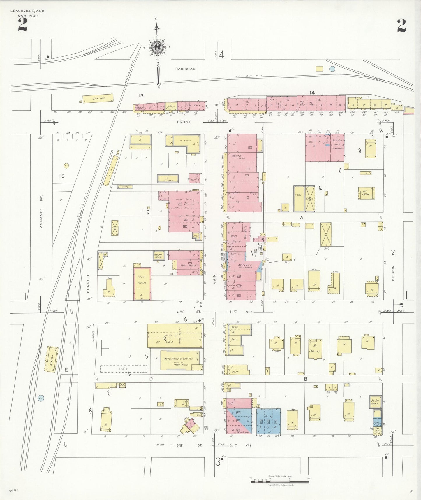Sanborn Fire Insurance Map from Leachville, Mississippi County, Arkansas (1939), Sheet #0002 - Historic Sanborn Fire Insurance Map Print, vintage old map wall art, antique decor, genealogy gift, Arkansas Arkansas map